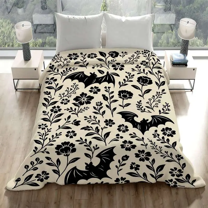 1pc Gothic Bat & Floral Soft Flannel Blanket - Black & White Bat Wing Pattern Throw, All-Season Cozy Bedspread for Couch, Bed, Travel - Goth Bedding Gift for &, Hand Wash Only