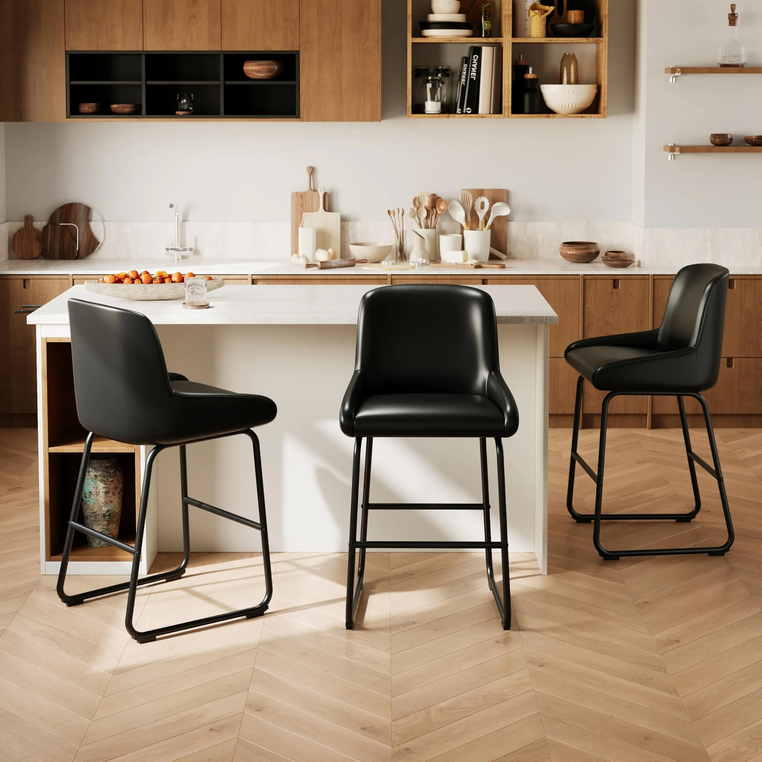 Garvee Counter Height Bar Stools Set of 3, PU Leather Barstools with Back and Footrest, Modern Industrial Metal Frame Armless Bar Chairs for Kitchen Island, Counter, Black