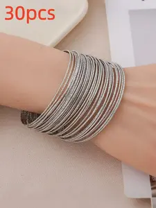 30pcs Bohemian Style Iron Alloy Bangle Set, Silver Color Textured Stackable Bracelets, Fashion Jewelry for Daily Wear and Gifts