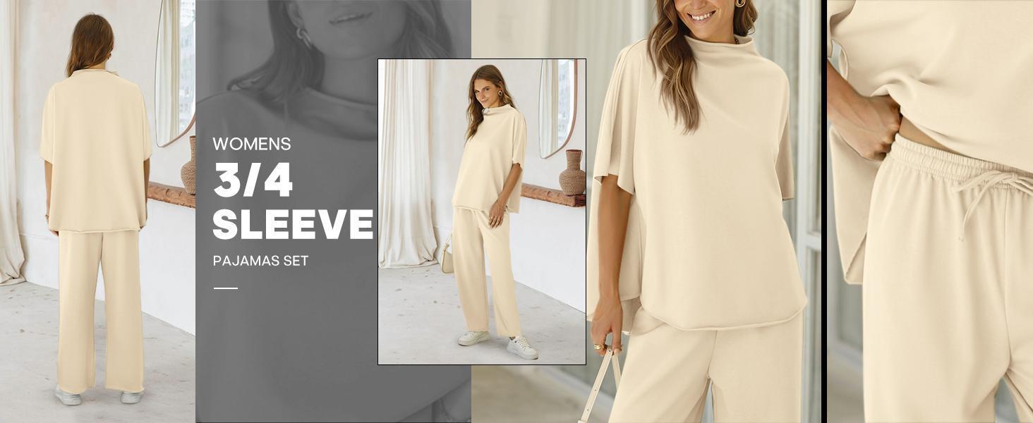 Imily Bela Women's Two Piece Outfits Crew Neck Pullover Tops 3/4 Batwing Sleeve Capelet Wide Leg Pants Casual Lounge Set