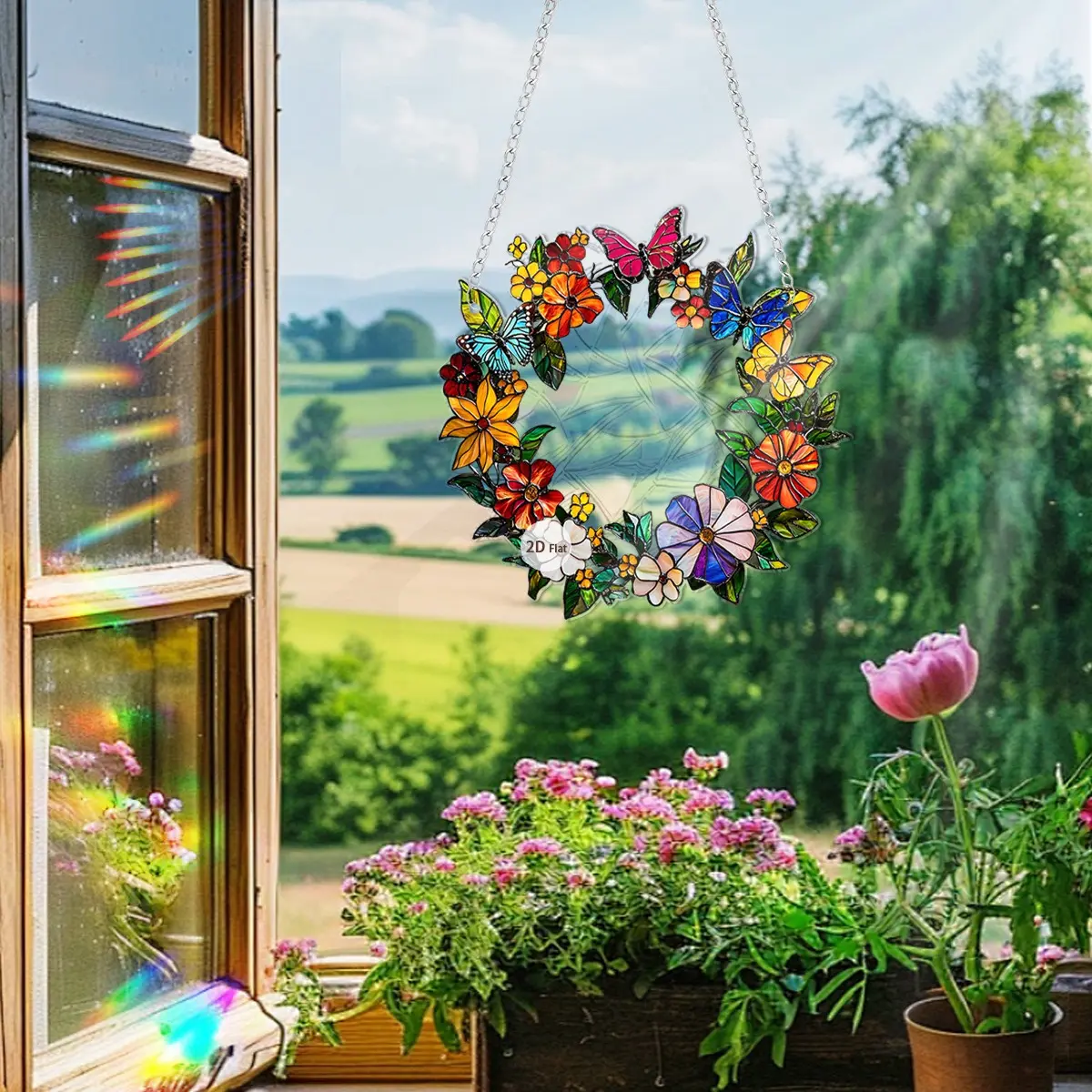 2D Flat Acrylic Double-Chain Hangable Sun Catcher - Colorful Floral Butterfly Wreath Stained Glass-Style Light-Accented Sunflower Print Window Hanging Decoration, 20cm Home Gift, Resin