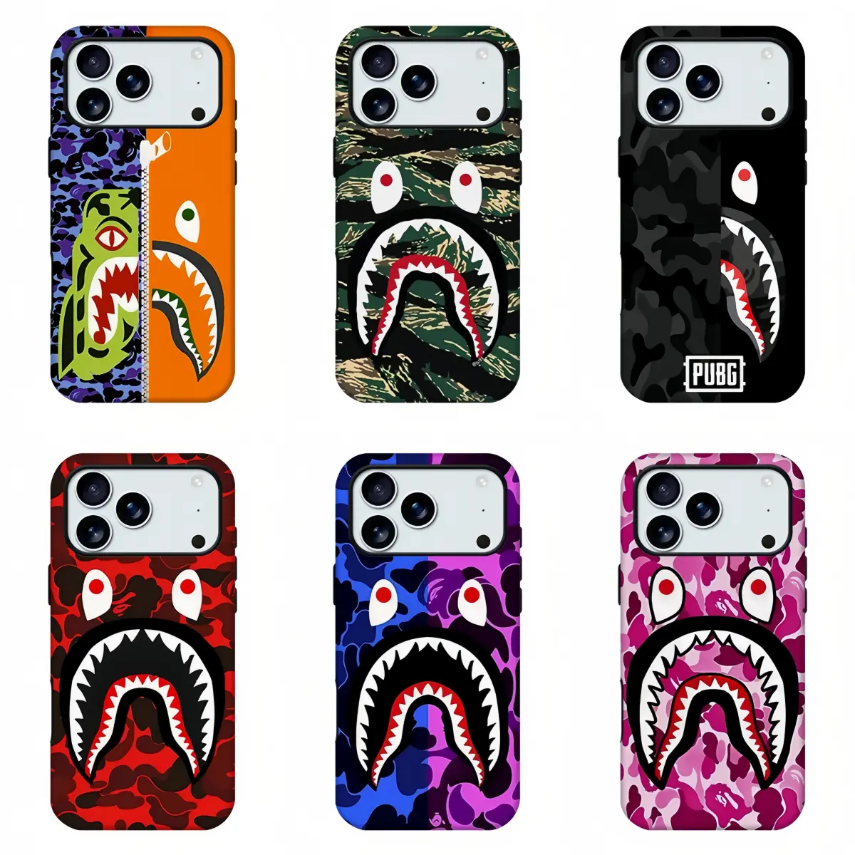 8-A-P-E Shark Mouth Camo Streetwear Phone Case,Hip Hop Urban Trendy Street Aesthetic Phone Shell,Colorful Camouflage Ape Shark Face Print Protective Cover Compatible For iPhone 11-17 Pro Max,Samsung S21-S26,Gift