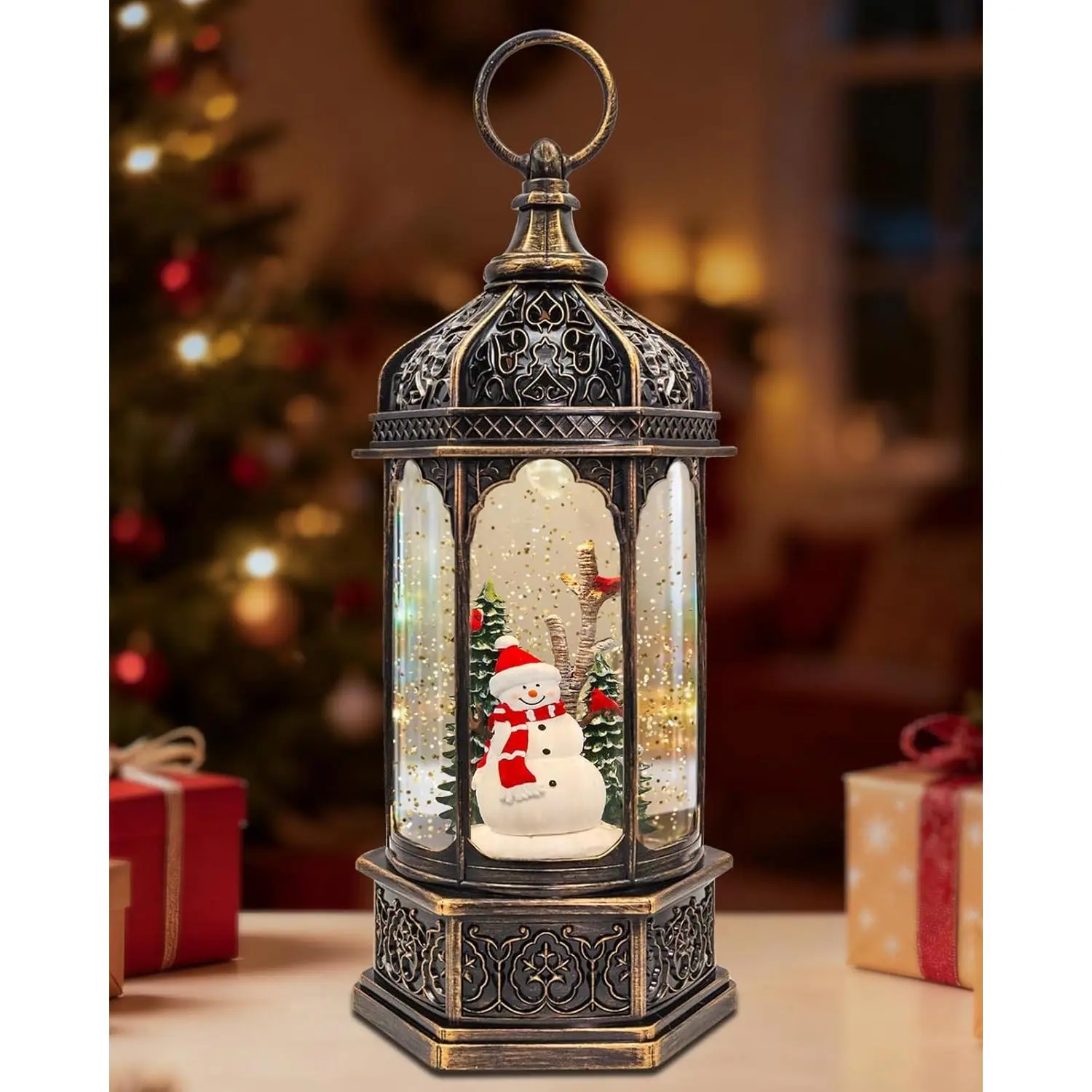 Large Snowman Snow Globe, Cardinal Christmas Tree, Lighted Snow Globes Lantern, Musical&LED Lights, 8 Classic Songs, 6-Hour Timer, Xmas Gifts and Holiday Decoration
