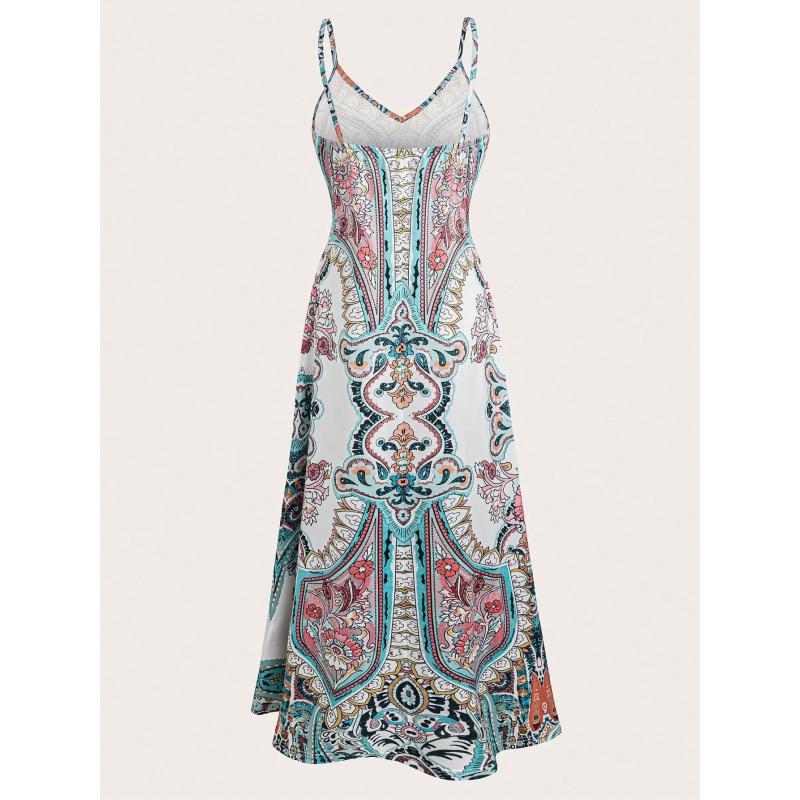 Women's Summer Vintage China Print Casual Long Dress – Loose Beach Cover-Up, Adjustable Spaghetti Strap Flowy Artistic Sundress