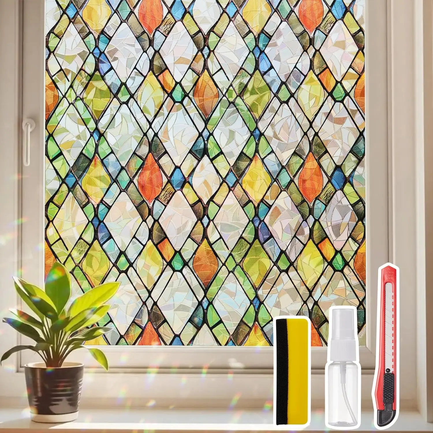 Window  Film Stained Glass- UV & Heat Blocking, Static Cling Vinyl for Glass Doors & Bedroom Windows, No Glue Easy Install, 17.5" x 78.7"