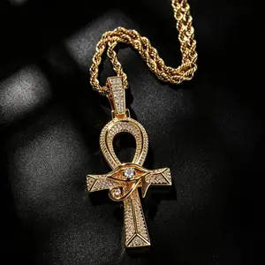 Men's Iced Out Ankh Cross Pendant Necklace - 5A CZ Stones, 18K Gold-Plated, 24-in Rope Chain, Eye of Horus Design, Hip Hop Streetwear Costume Jewelry Gift