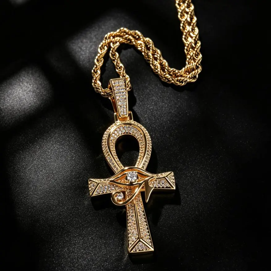Men's Iced Out Ankh Cross Pendant Necklace - 5A CZ Stones, 18K Gold-Plated, 24-in Rope Chain, Eye of Horus Design, Hip Hop Streetwear Costume Jewelry Gift
