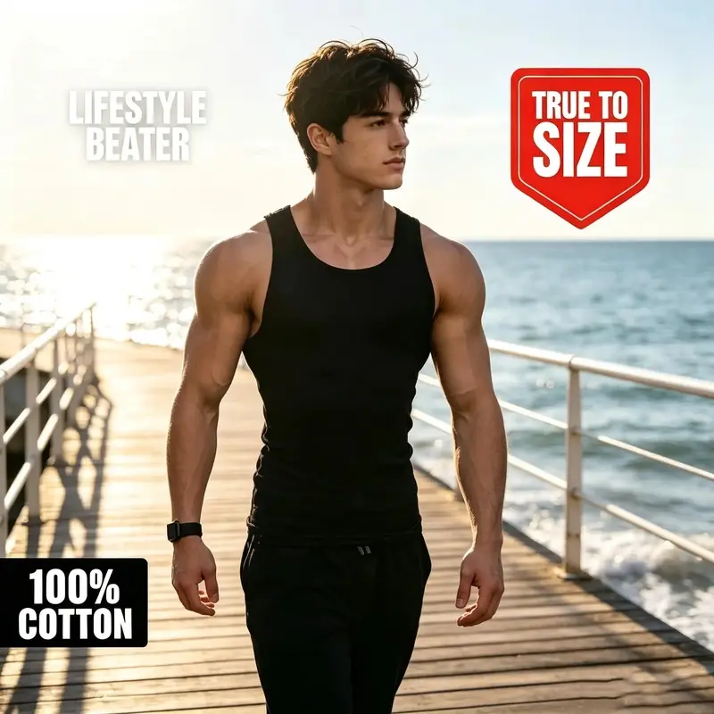 Men Slim Fit 100% Cotton Muscle Tank Top, Ribbed Sleeveless Workout Gym Beater Undershirt