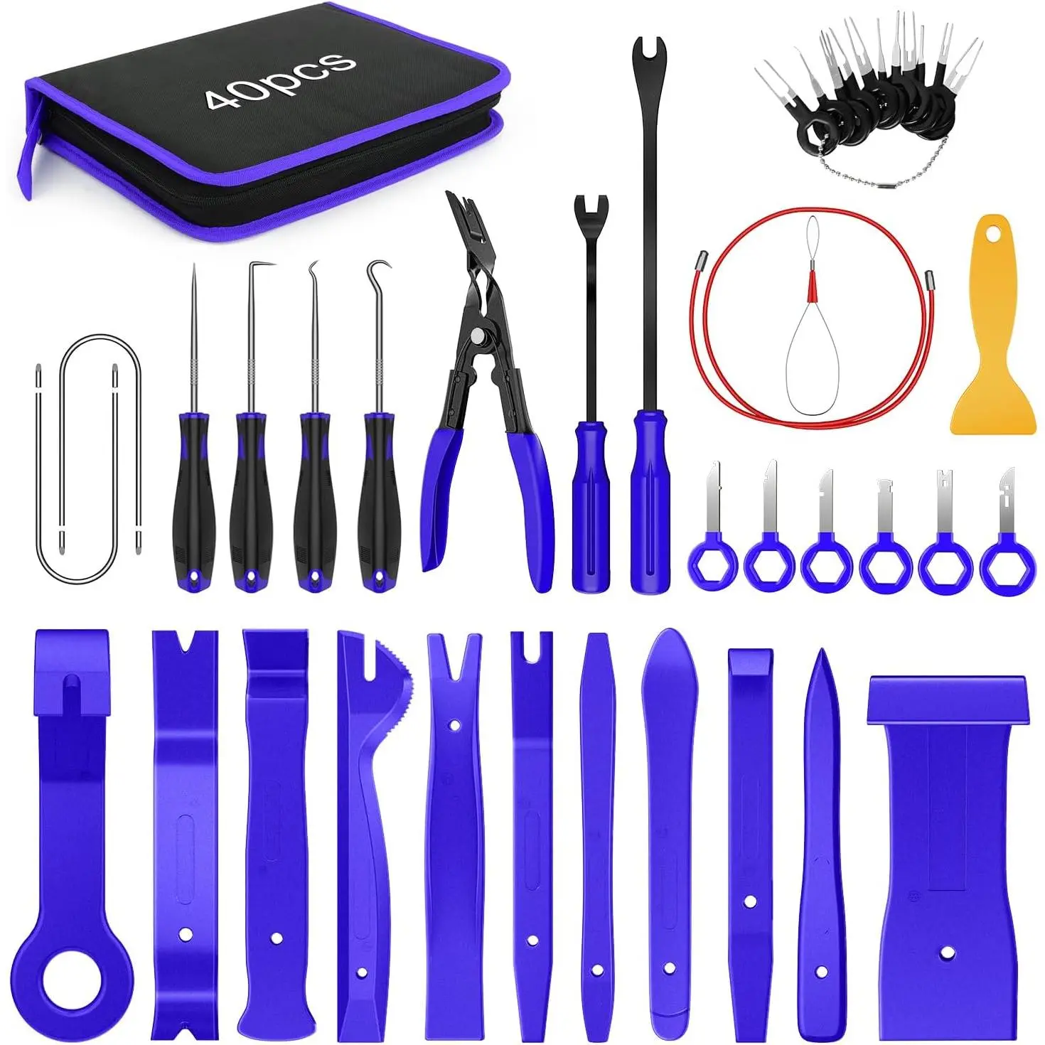 Nilight 40-Piece Portable Impact-Resistant Automotive Maintenance Tools Kit for Mechanics - Auto Trim Remover, Terminal Removal Keys, Clip Pliers, Stereo Extractor, Upholstery Repair Pry Set, Precision Hook & Pick, Wiring Threader, Car Film Scraper (Blue)
