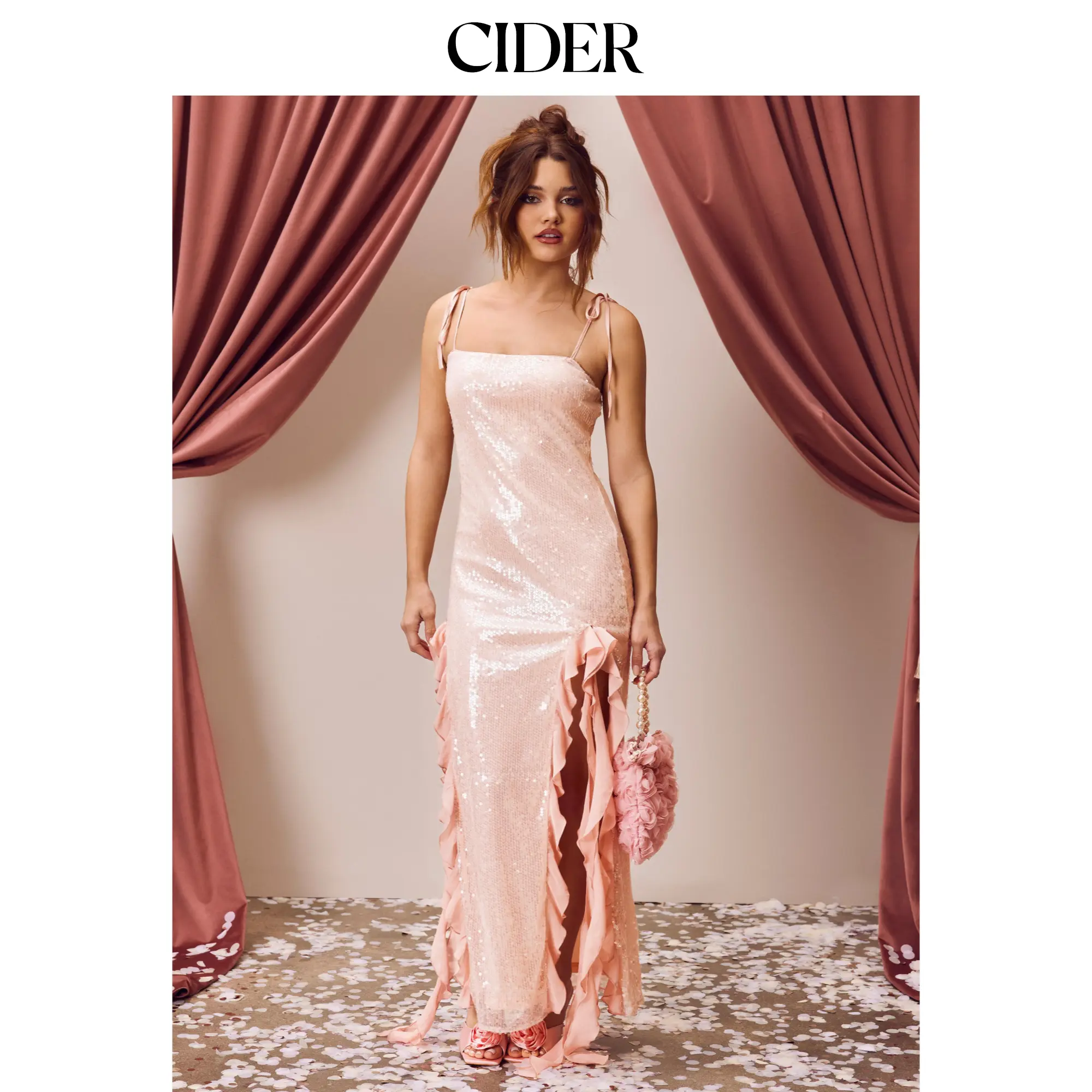 Cider [size 0-10] Sequin Square Neck Ruffle Hem Split Knotted Maxi Dress
