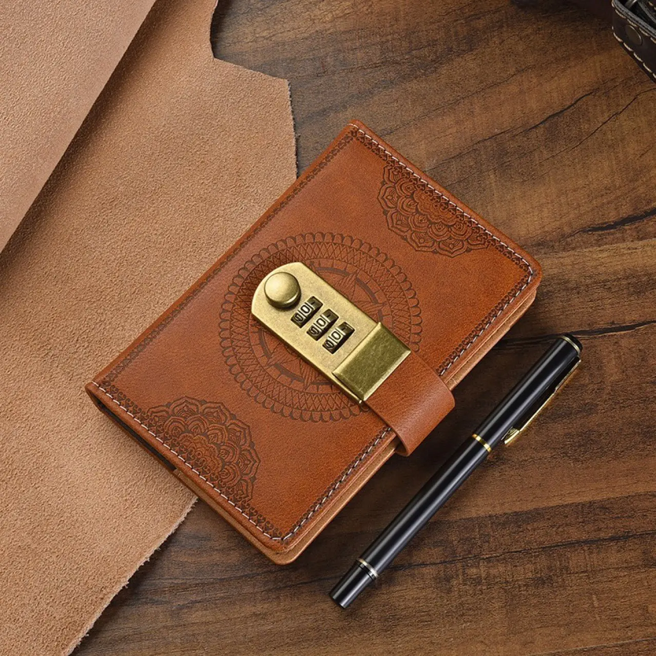 Vintage Carved Leather Notebook with Password Lock, Privacy Page Design, Ideal for Students and Office Use, Durable and Stylish