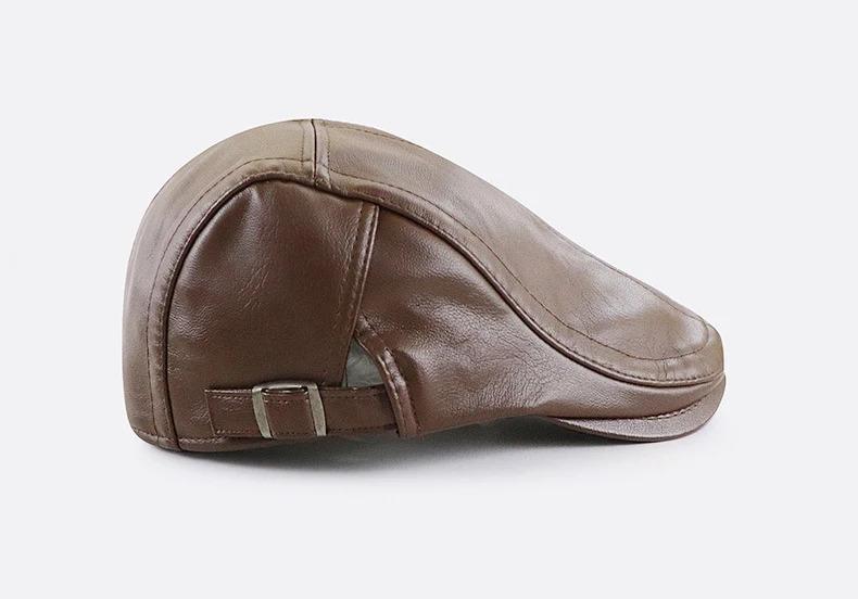 PU Leather Beret Hat Men Autumn Winter Faux Leather Duckbill Newsboy Cap Herringbone Middle-aged Men's Flat Peaked Cap For Dad