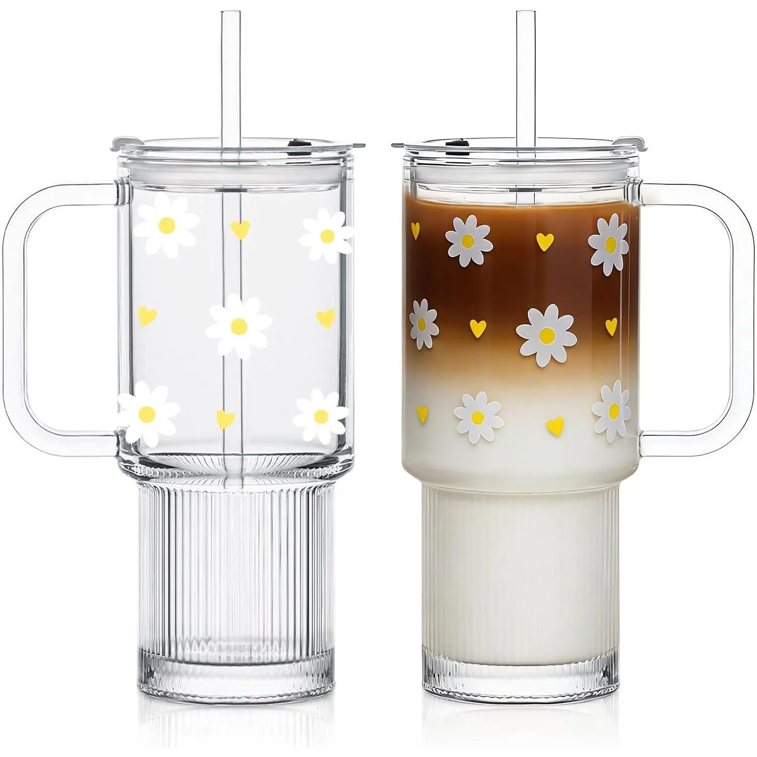 Daisy Glass Cups for Women, 26oz Clear Glass Tumbler with Lid and Straw, Customizable Aesthetic Flower Mug for Birthday, Mother’s Day, Christmas, Girl Gifts
