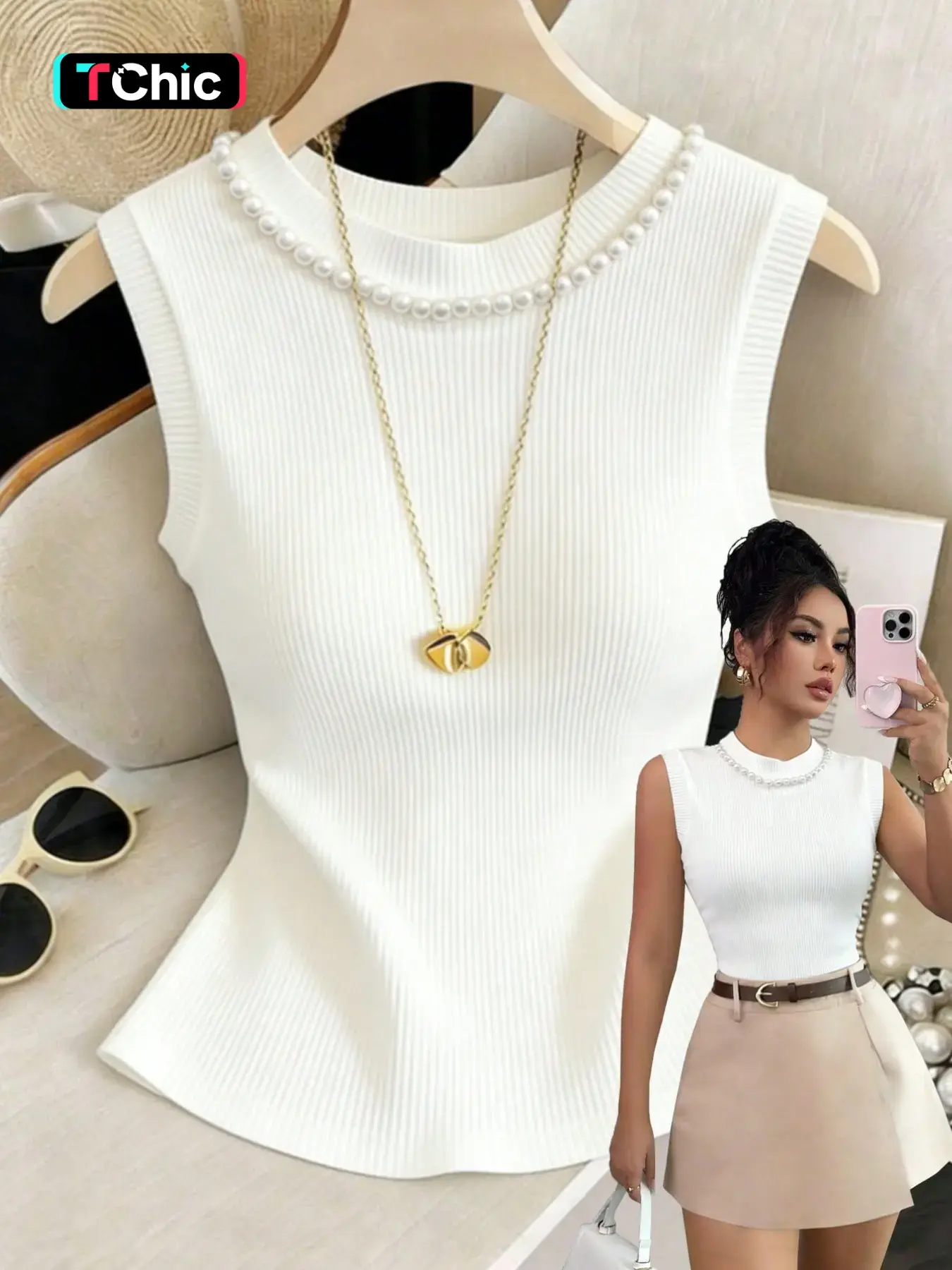 Pearl Round Neck Sleeveless Knit Tank Top, Camisole Tank Tops, French Chic Style, Elegant Chic Sleeveless, Slim Fit Short Innerwear, Women's Office Date Wear, Stretchy Versatile Undergarment, Summer Cami Tank
