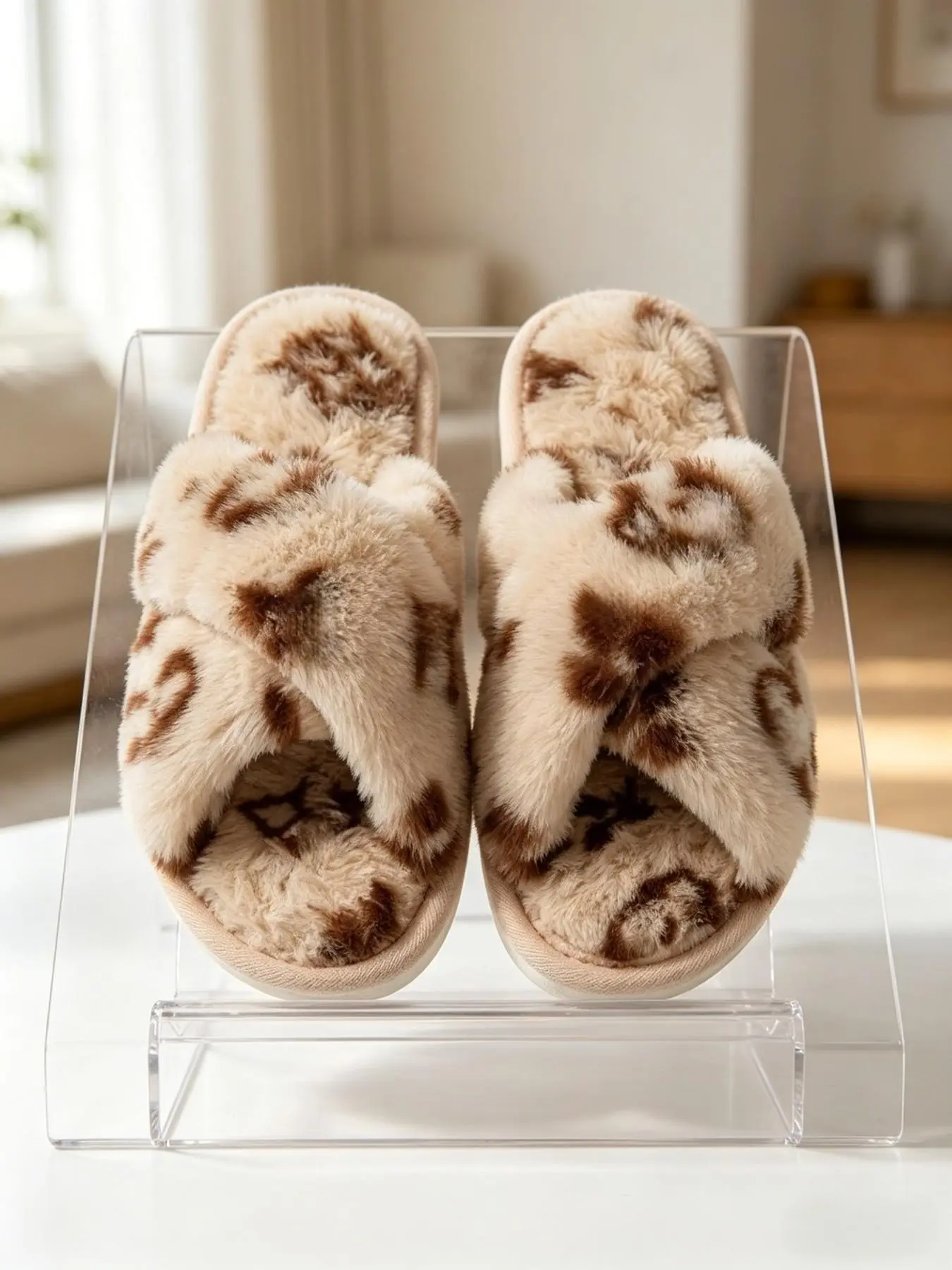 Women's Fashion Luxurious Leopard Print Plush Slippers, Soft Sole Non-Slip Flip Flops, All-Season Casual Home & Outdoor Shoes