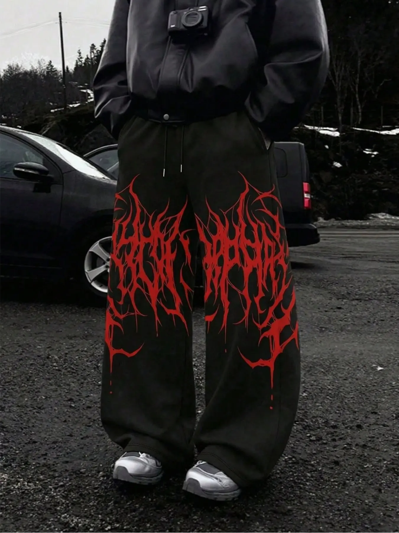 Men's Wide Leg Sweatpants, Gothic Metallic Print Drawstring Long Pants, Perfect for Hip Hop Parties and Streetwear Fashion