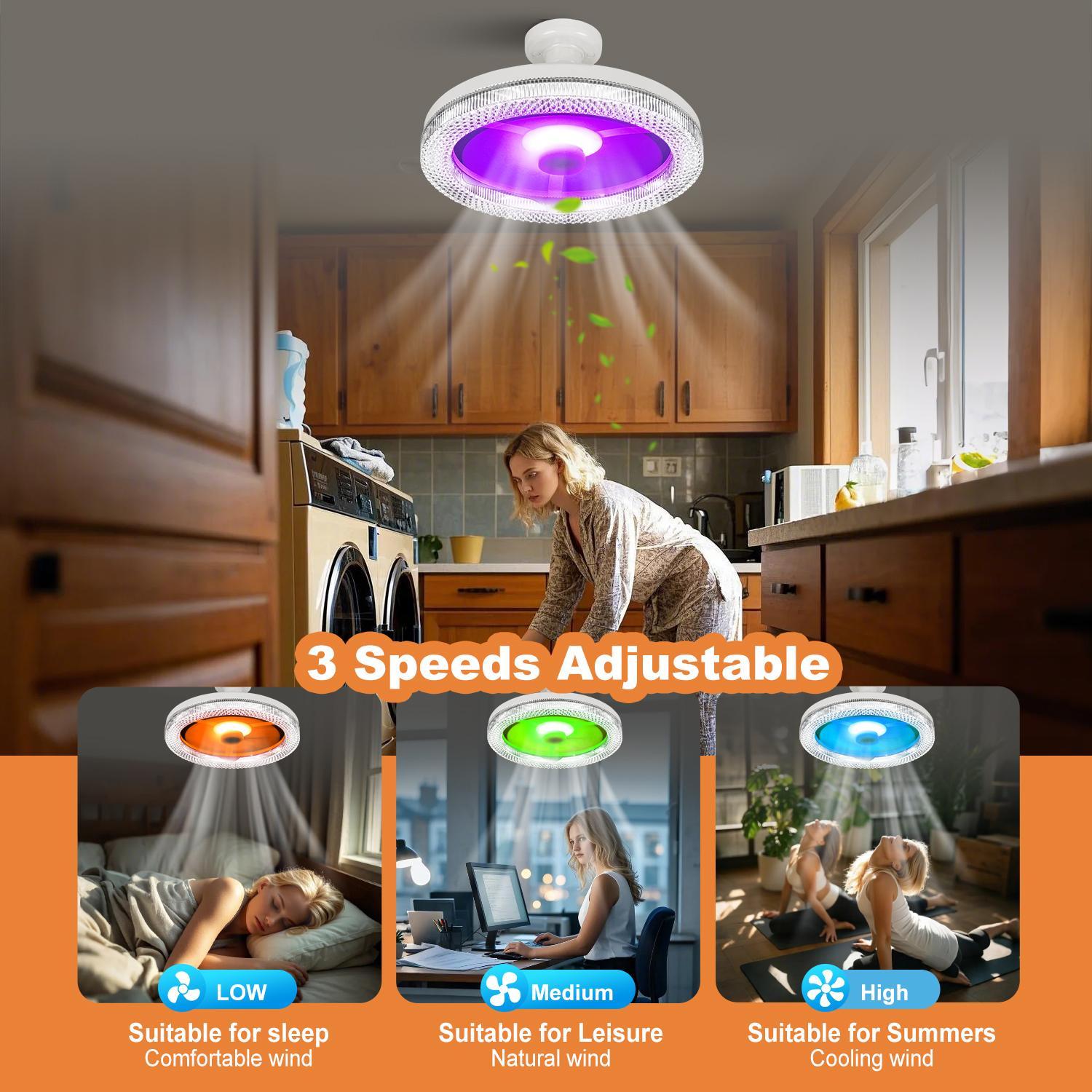 E27 Socket Fan Light with Remote Control, RGB Light Socket Fan Light, Unlimited Dimming, Lighting Modes Adjustable, Three-speed Wind Speed, Timeable Ceiling Fan Light for Small Rooms, Dimmable Ceiling Lights