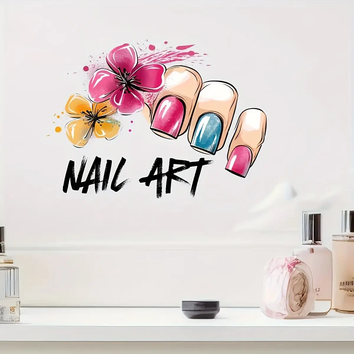 Nail Art Wall Sticker, Hand-Drawn Colorful Flowers, Self-Adhesive Removable, Beauty Salon Studio Decor, Bedroom Makeup Room Wallpaper