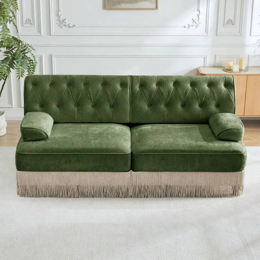 Beige Soft Velvet Chesterfield Sofa - Button Tufted, Floor-Grazing Tassel Fringe Skirt, Easy to Assemble, Free Combination - Green Velvet, Modern Upholstered, Neutral Tone Living Room Furniture for Living Rooms, Rest Areas, Green Velvet Living Room Furnit