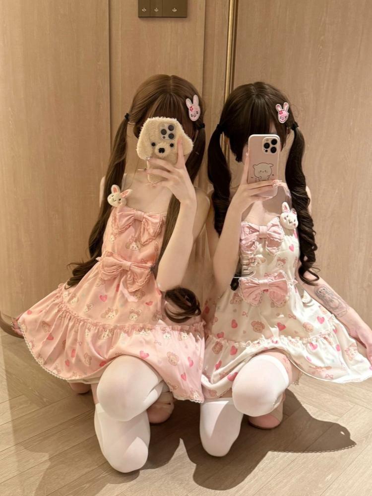 Kawaii Japanese Sweet Bow Sling Dress Women's Summer Lovely Strawberry Print Dresses Design Fashion Loose Pretty Princess Dress