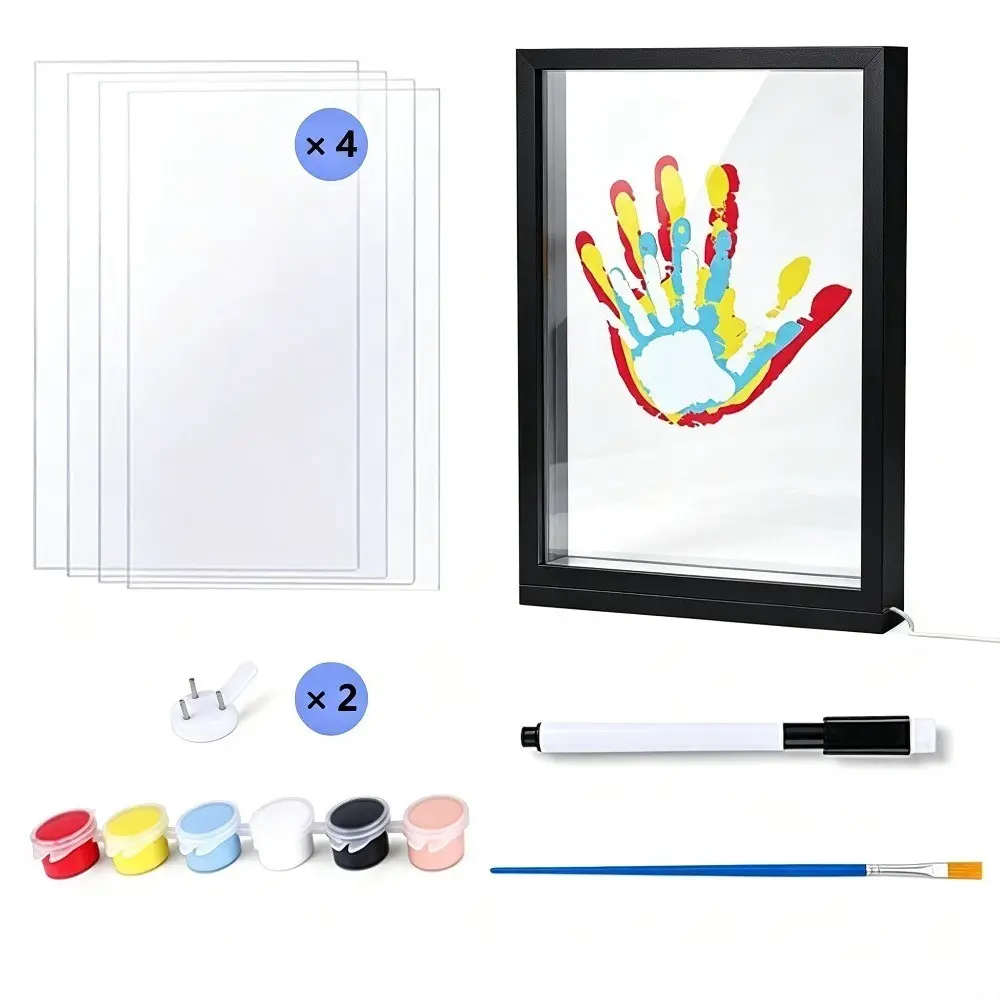 Transparent Handprint Frame Set, DIY Home Memorial Gift Kit, Colorful Paint, Includes 6 Colors Pens, Holds Up to 4 Handprints