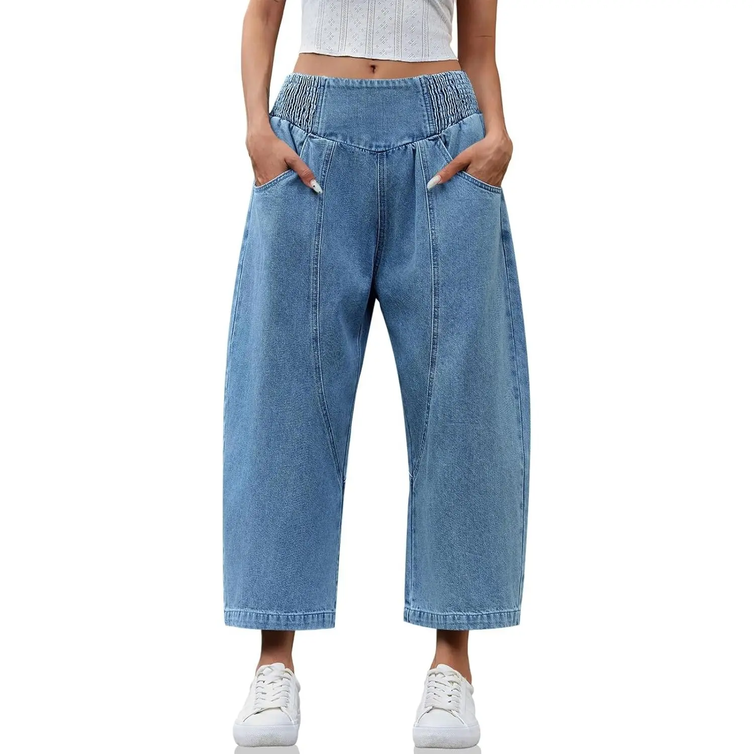 Wide Leg Cropped Jeans Baggy Boyfriend Smocked Mid Rise Harem Denim Pants