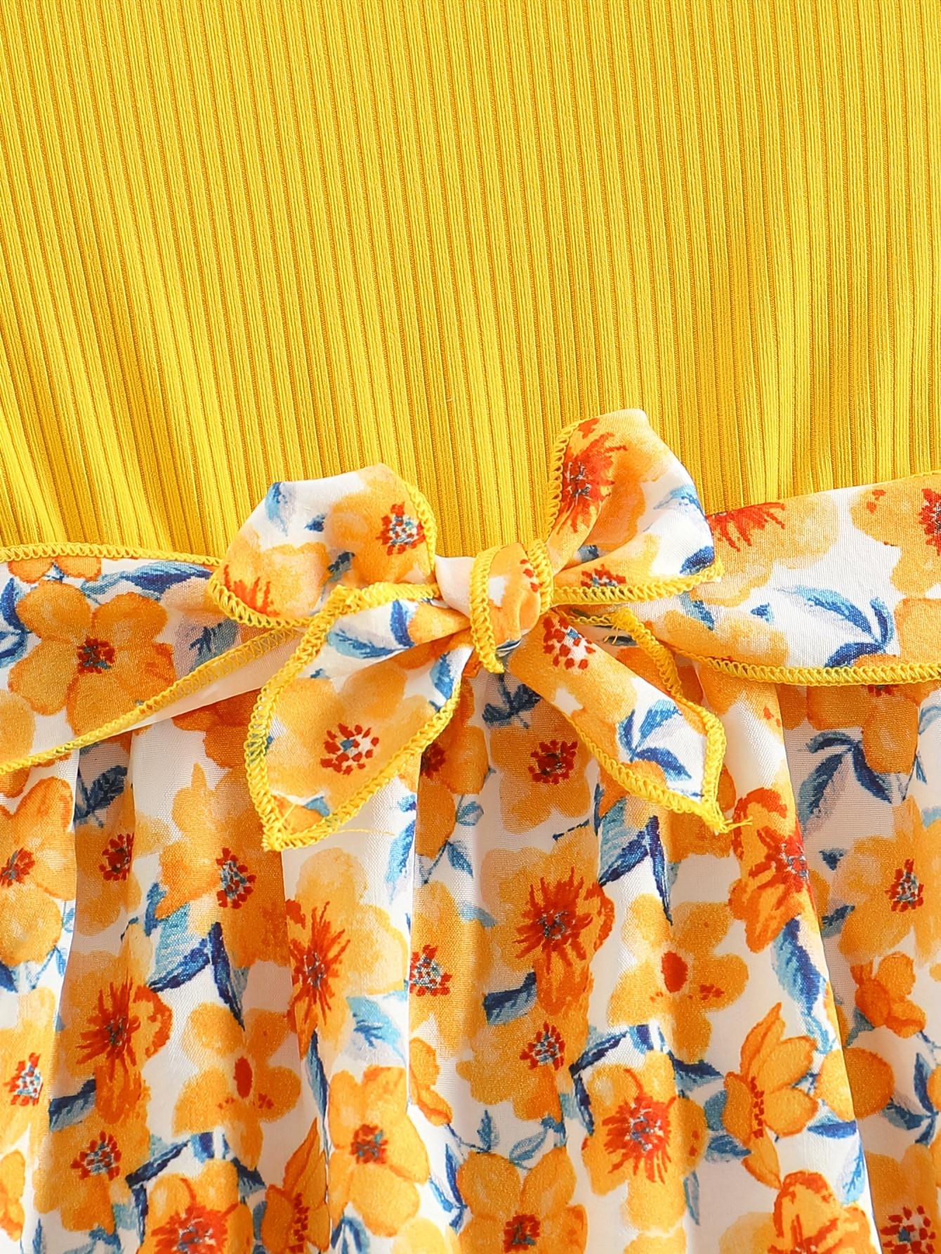 Girls' Patchwork Yellow Romantic Floral Print Dress with Belt, Elegant Princess Skirt Party and Evening Wear, Soft, Suitable