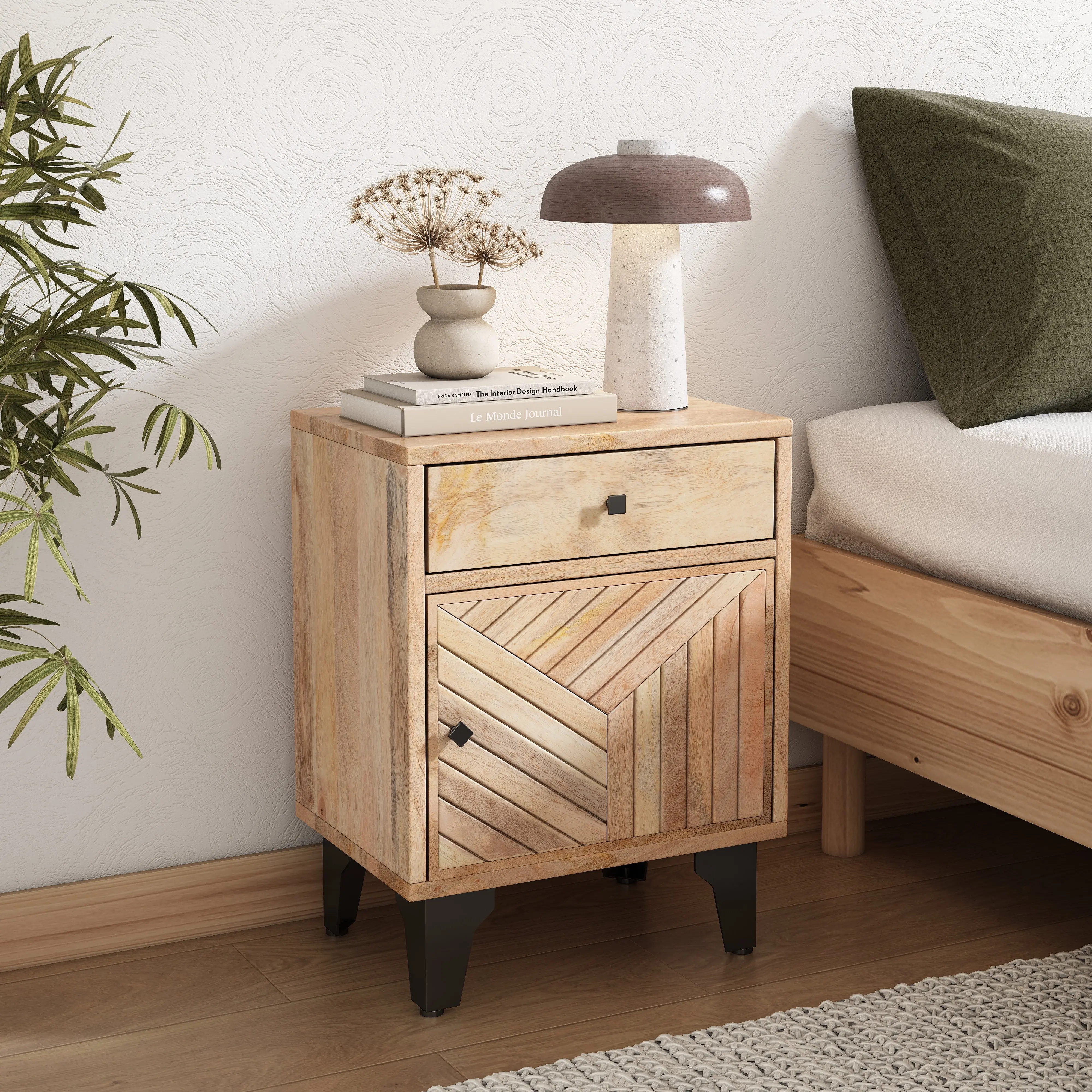 ARCH Solid Wood Nightstand with 1 Drawer, Mango Wood Bedside Table, Natural Finish, 18x14x24 Inch Small End Table for Bedroom, Living Room, Narrow Space Storage Cabinet, Casual Contemporary Style, Natural Color Options, Solid Wood+MDF Material