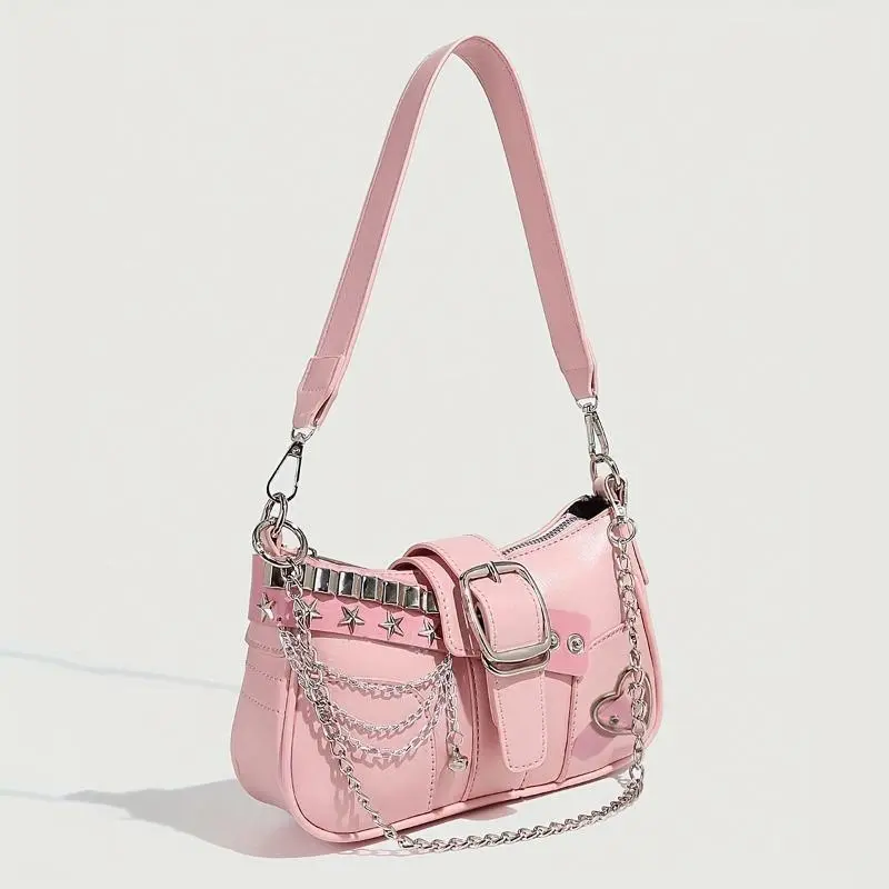 Women's Y2K Chic PU Handbag - Pastel Pink Punk-Inspired Small Shoulder Bag with Magnetic Closure, Adjustable Crossbody Shoulder, Casual Crossbody, Sporty Chic Sports & Outdoor Protective Gear Accessory