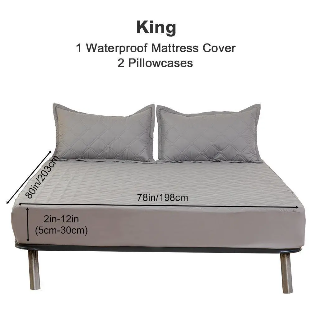 King Size Solid Color Waterproof Soft Mattress Cover Set - 1pc Fitted Sheet, Embroidered Pillowcases, Anti-Slip, Breathable, Dust-Proof, Stain-Resistant, Elastic Deep Pocket, Flat Weave Polyester Fibre, Machine Washable for Bedroom, Guest Room