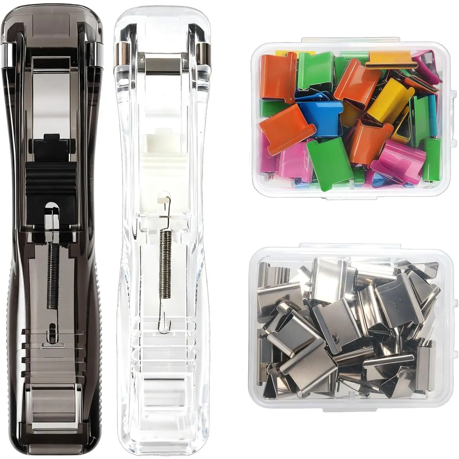 2 count Portable Binder Clip Stapler,  Handheld Paper Clam Clip Dispenser with 100 Metal Clips, Staple-Free Paper Binding Mini Push Stapler for Fixing Documents