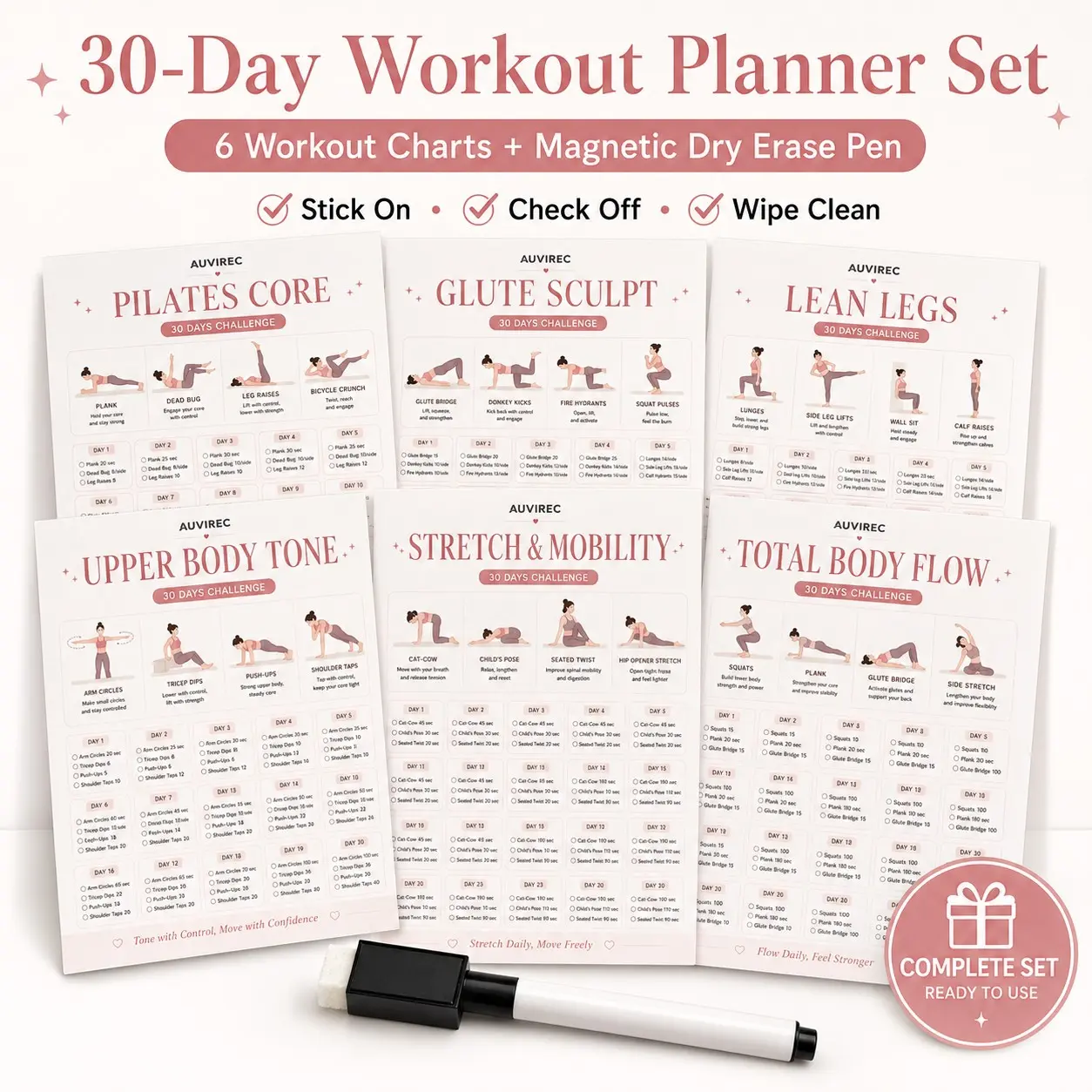 Auvirec 6-Piece Reusable Fitness Planner Set, 30-Day Workout Tracker, Pet Erasable Magnetic Pen, Home Gym Wall Mount