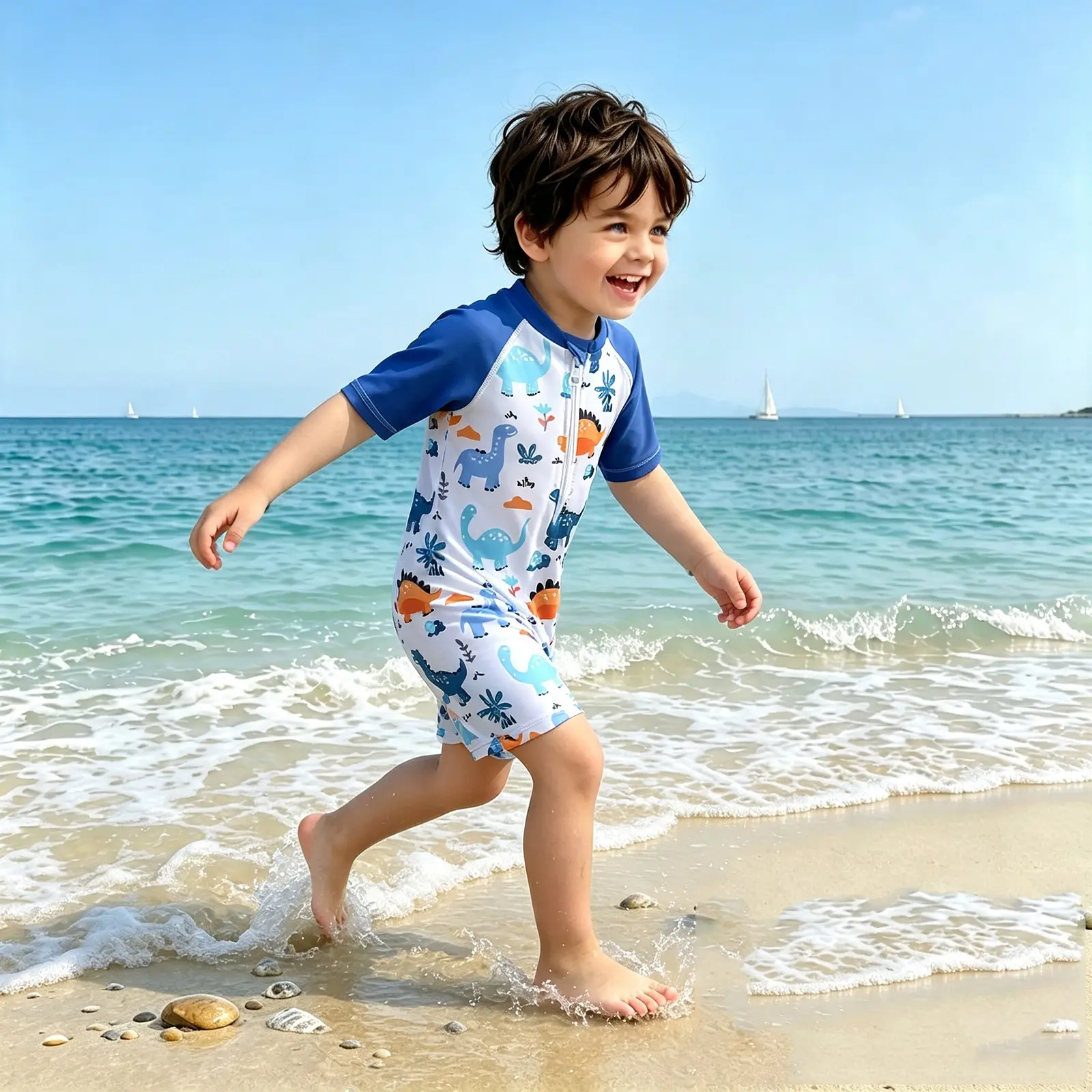 Boys' Toddler Polyester Rash Guard Swimsuit - Cute Dinosaur Print, Short Sleeve, Zip Up Front, Slight Stretch, Safe Quick-Dry Fabric, Beach Swimwear