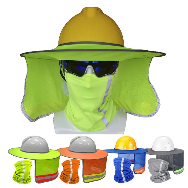 Hard Hat Sun Shade Visor & Reflective Neck Gaiter Set, Breathable Mesh Fabric, Firm Fixed Structure for Construction & Outdoor Work Sun Protection