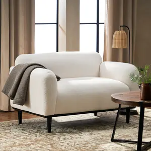 Textured Bouclé Fabric Loveseat Sofa - 50.00" W x 30.25" D x 30.50" H White Upholstered 2-Seater with Black Birch Wood Legs, Rounded Form Comfy Couch, Contemporary Home Decor for Living Room Apartment, Assembly Required