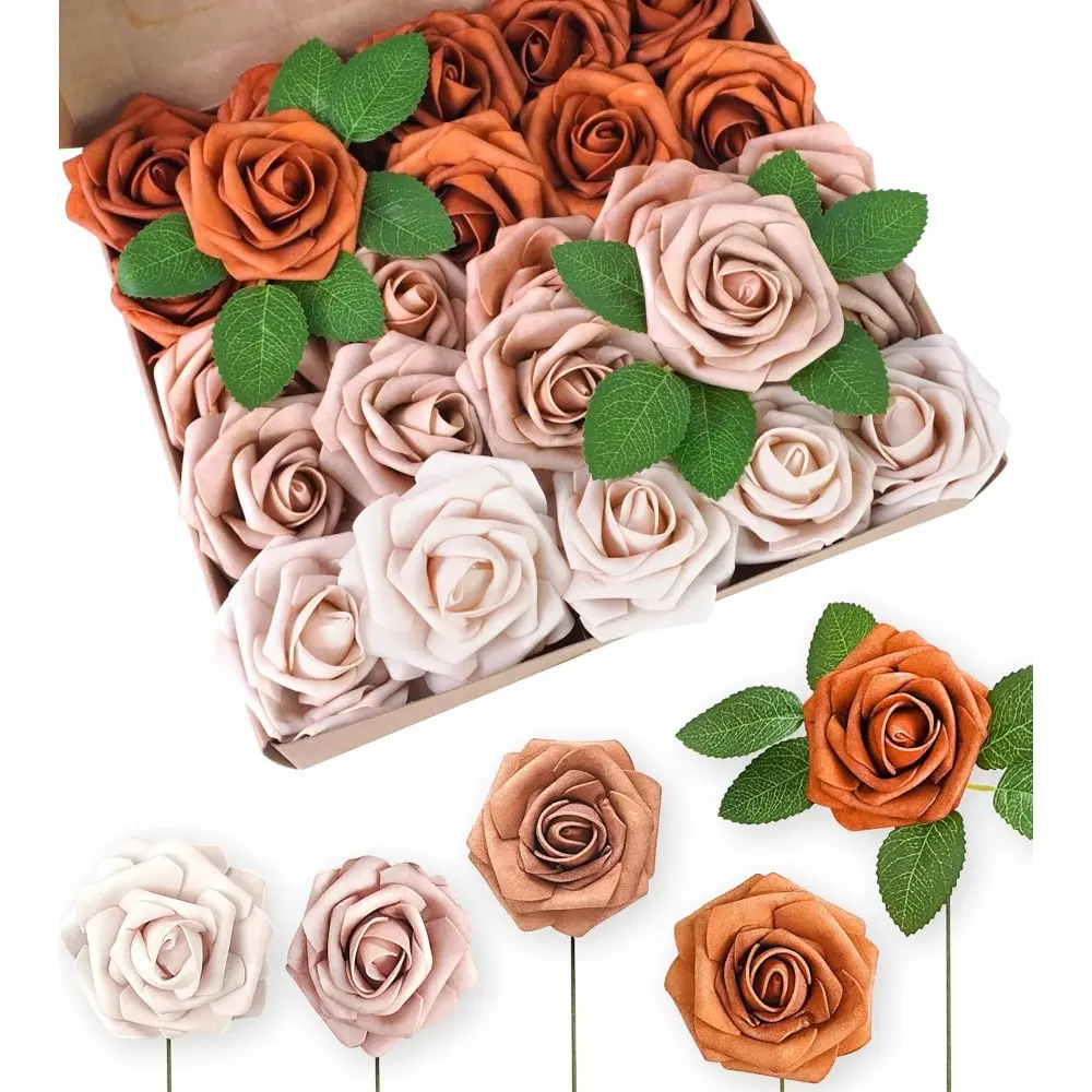 50pcs Roses & 8pcs Leaves Realistic Foam Artificial Flowers (58 Pieces Total) - 3in Terracotta Sunset Palette, Burnt Orange & Nude Shades, Decor for Boho Wedding Bouquets, Vase Displays, Fall Centerpieces