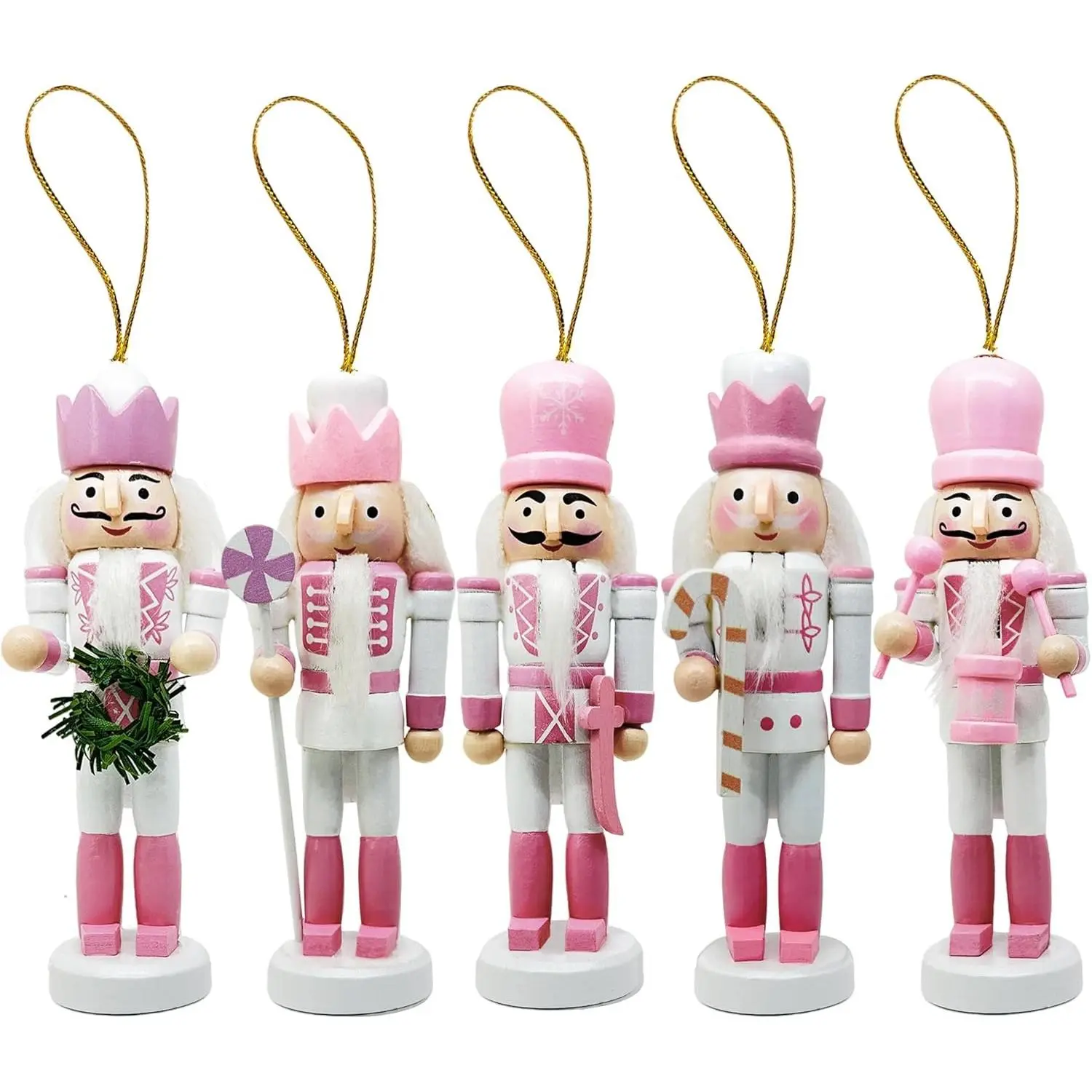 Wooden Mini Nutcracker Figures Hanging Ornaments for Xmas Tree Christmas Festival Party Decor Pink 5PCS