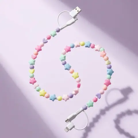 Pearl Decorated Beaded 2-in-1 Charging Cable, USB-C & Lightning Cord 3.3Ft Fast Charging Multi Color Aesthetic Portable Charger for Women, Electronic Accessory, Holiday Gift Option, Fast Charging Cables