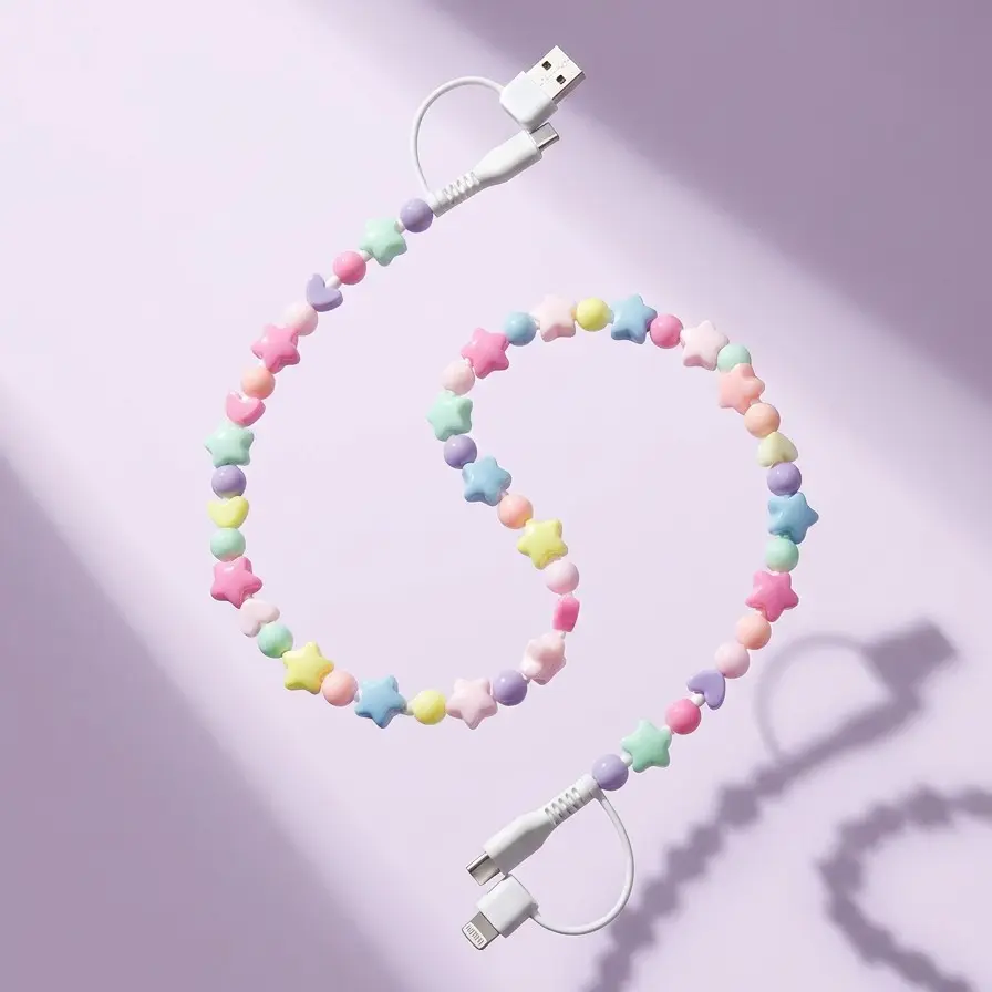 Pearl Decorated Beaded 2-in-1 Charging Cable, USB-C & Lightning Cord 3.3Ft Fast Charging Multi Color Aesthetic Portable Charger for Women, Electronic Accessory, Holiday Gift Option