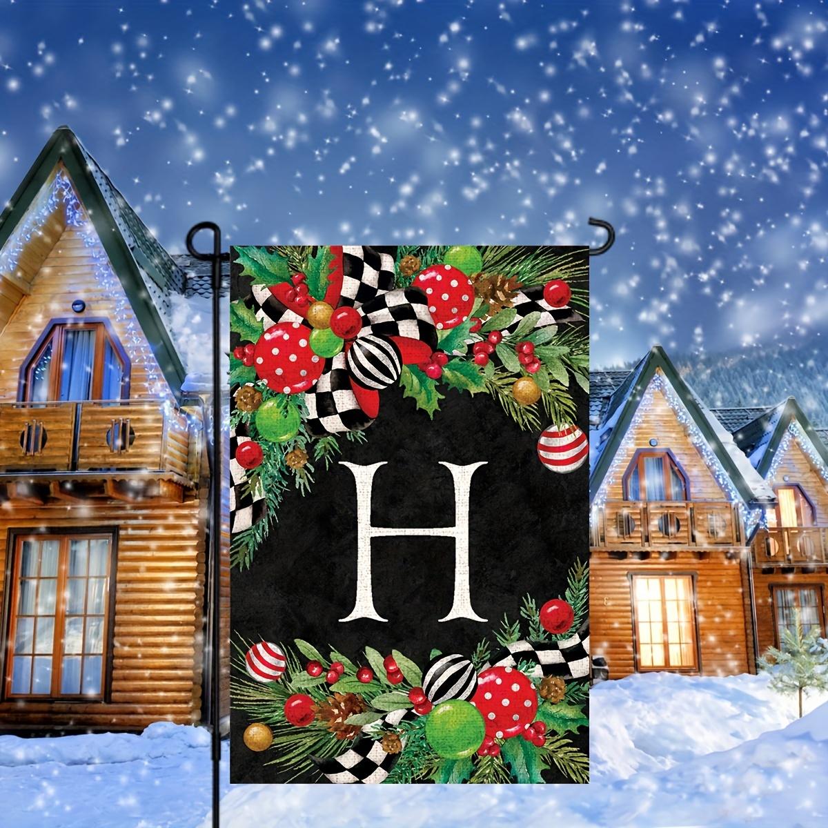 Linen Christmas Monogram Letter Garden Flag - Initial Personalized Family Name Yard Banner Sign,Double-Sided Print, Festive Holiday Outdoor Decoration, Yule Holly Design, No Flagpole Included Ornaments