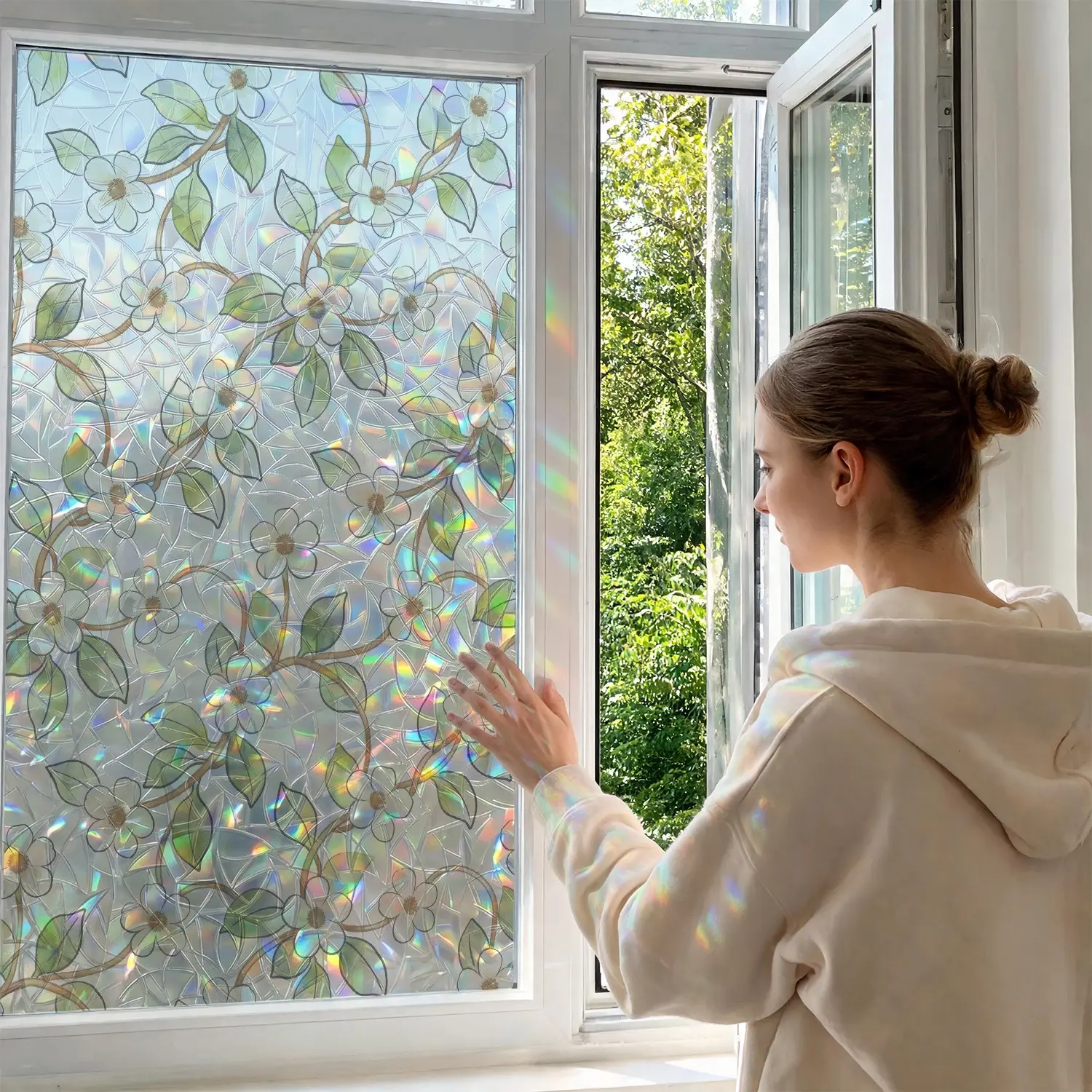 White Vine Floral Static Cling Window Film, No Glue Removable Reusable Privacy Glass Sticker, Light Filtering UV Protection Decorative Window Cover, No Residue Window Decal for Bathroom Kitchen Balcony Glass Door