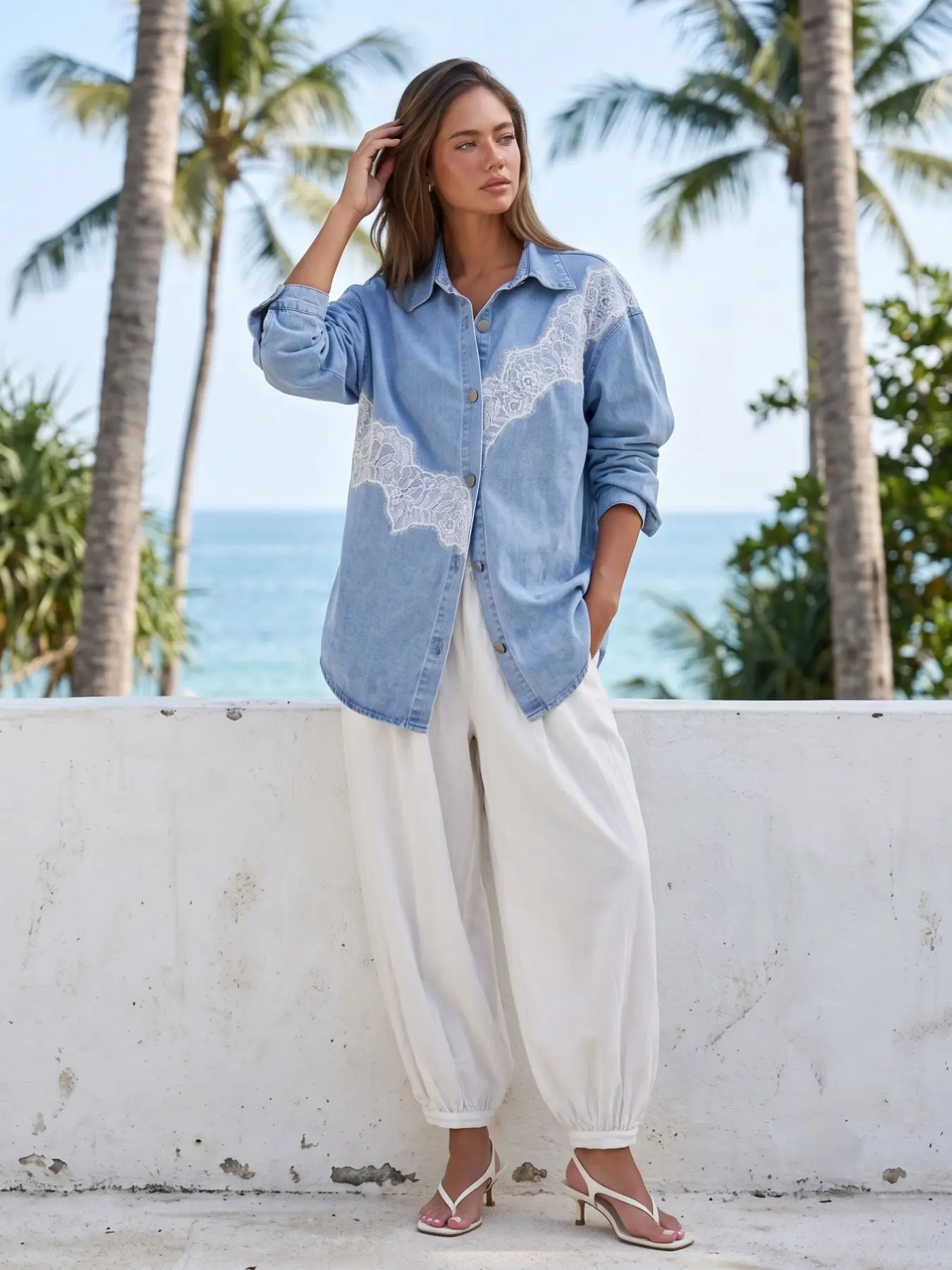 Women's Loose Fit Denim Shirt, Long Sleeve Solid Pattern, Casual Spring & Fall Outerwear, Vintage Washed Button Front Jacket