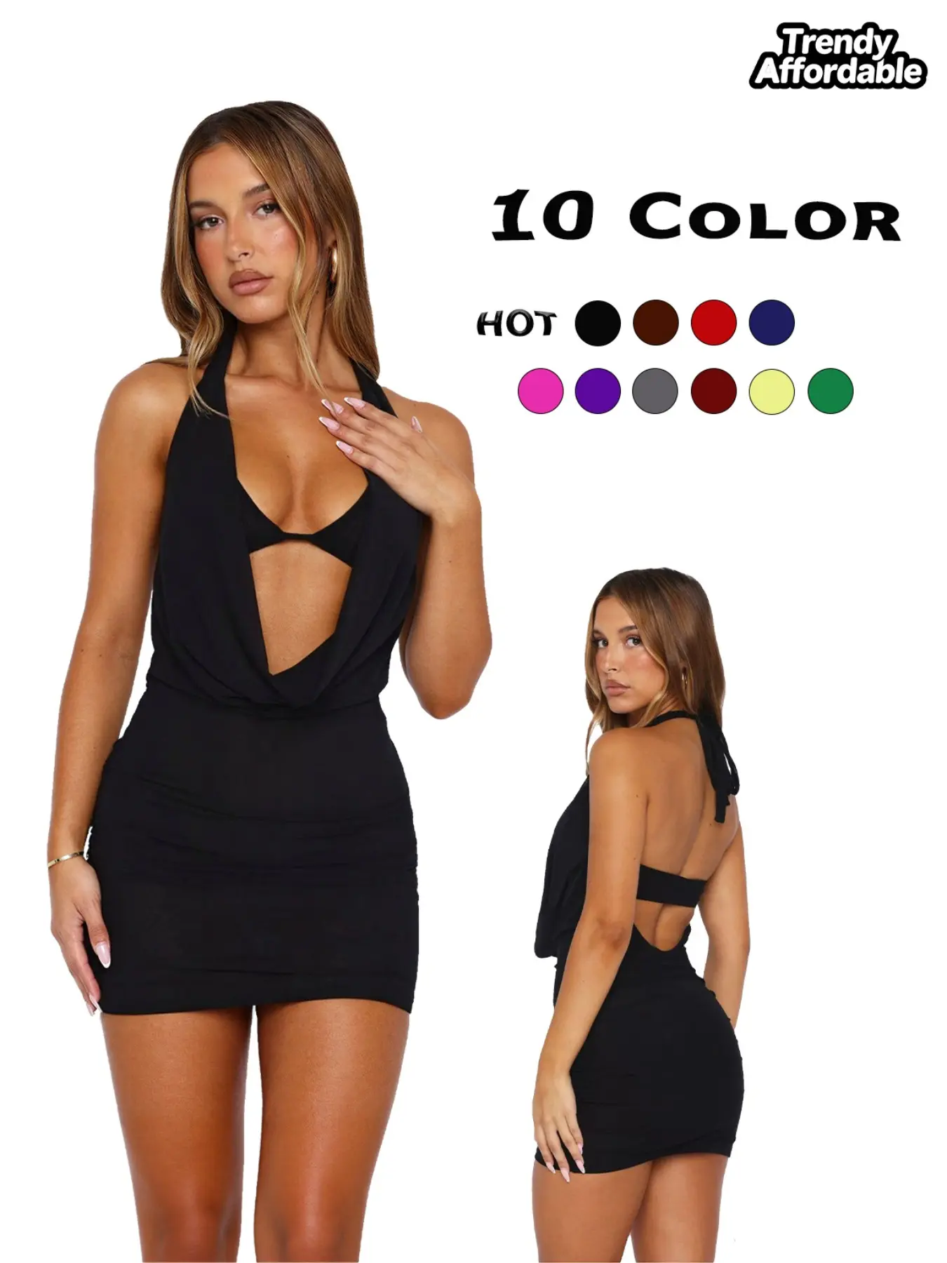 Summer Sexy Halter Dress, Deep V Neck, Bodycon Mini Dress, Slim Fit, Revealing Waist Design, Versatile Fashion for Ladies, Chic Trendy Dress, Womenswear, Women