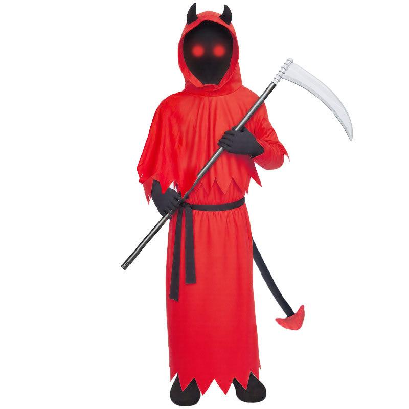 Halloween Red Scary Horns Grim Reaper Satan Demon Costume Glowing Eyes Scythe