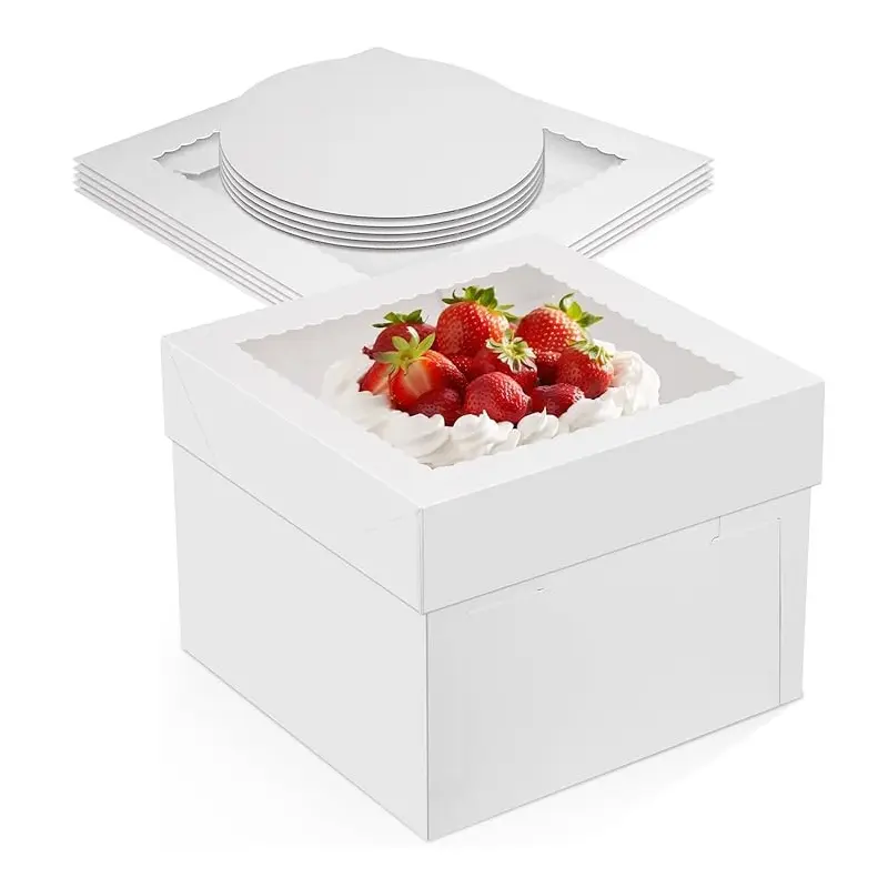 5 Pack Cake Boxes – 25×25 cm premium cardboard cake boxes with clear window and parchment paper. Perfect for cakes, pastries, cookies and baked treats, ideal for bakery packaging, gift presentation, transport and safe food delivery.