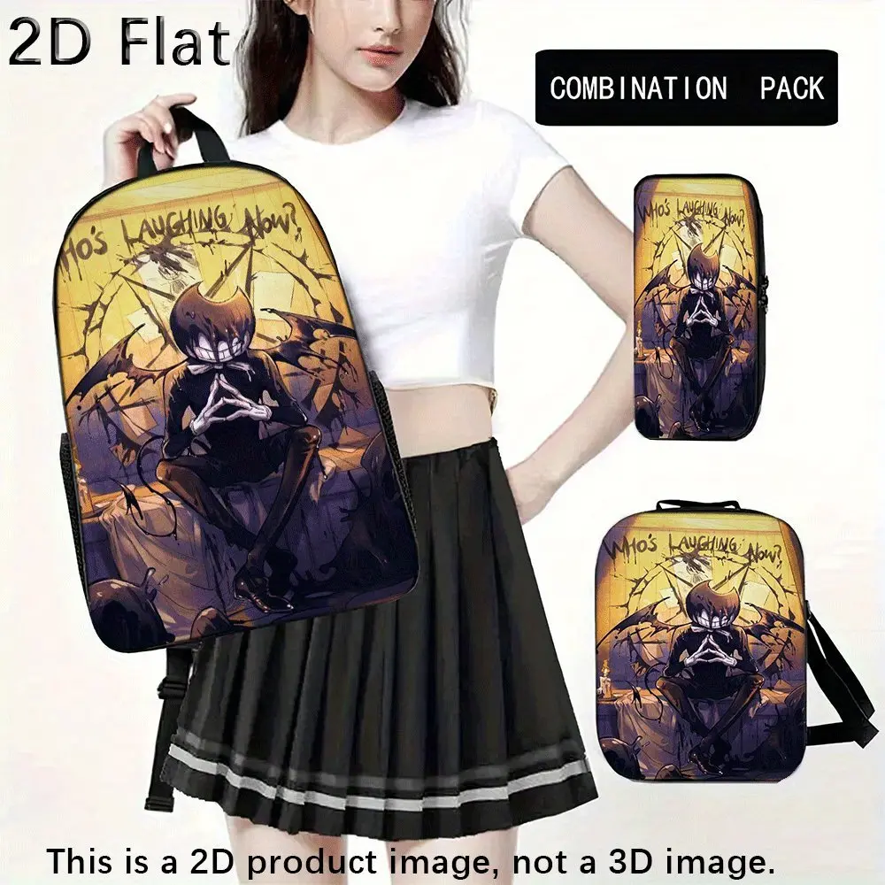 Demon Theme Bendy and the Ink Machine 3-Piece Waterproof School Backpack Set for School Use - 600D Oxford Fabric Backpack, Zipper Lunch Bag, Pencil Case with Vintage Yellow Grunge Art, Breathable Straps