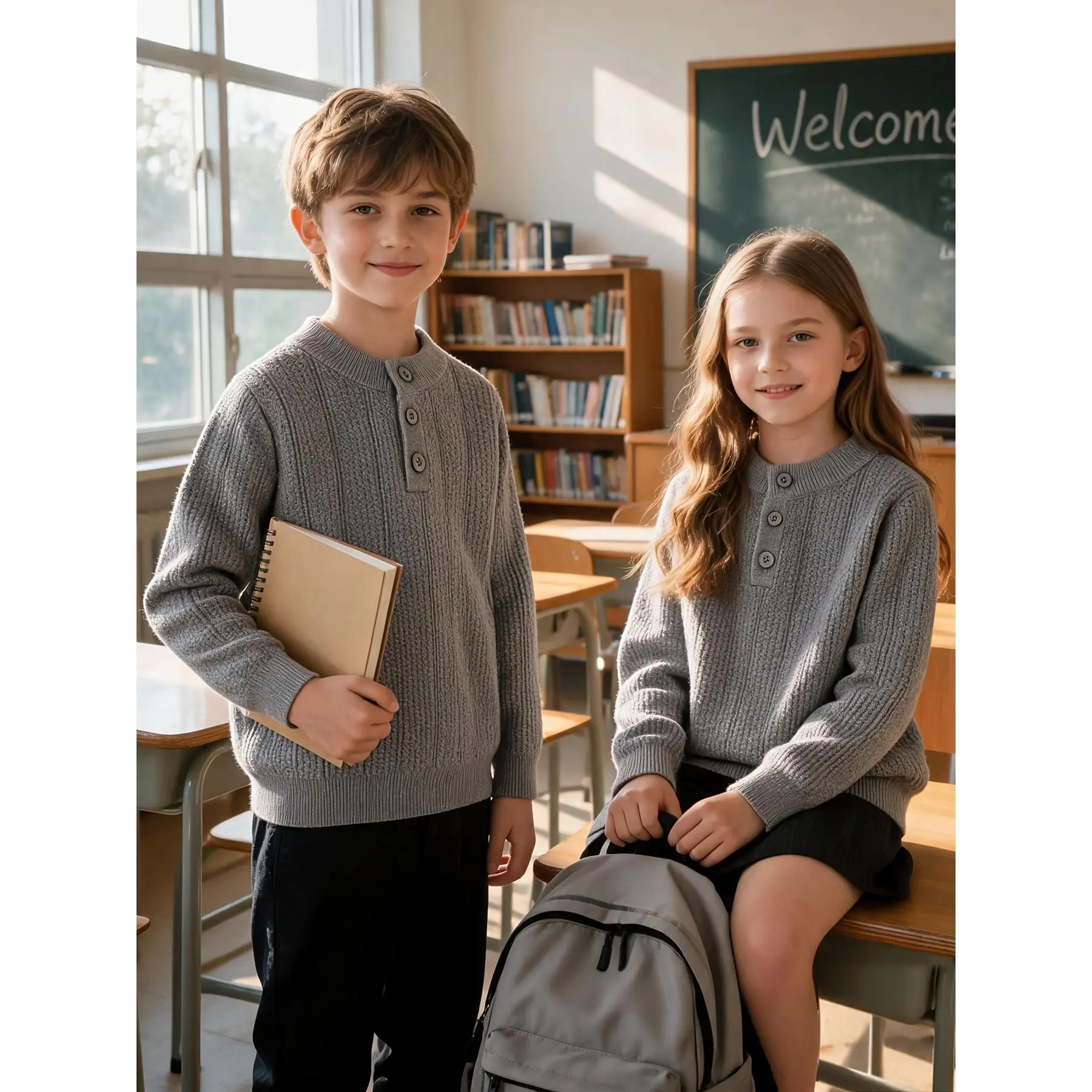 Unisex Kids Knitted Sweater, Crew Neck Pullover With Three-Button Half Open Placket Design, Soft Warm Long Sleeve Base Layer Top For Boys And Girls, Perfect For Daily Wear, School Outings, Family Trips And Autumn Winter Kids Outdoor Leisure Activities