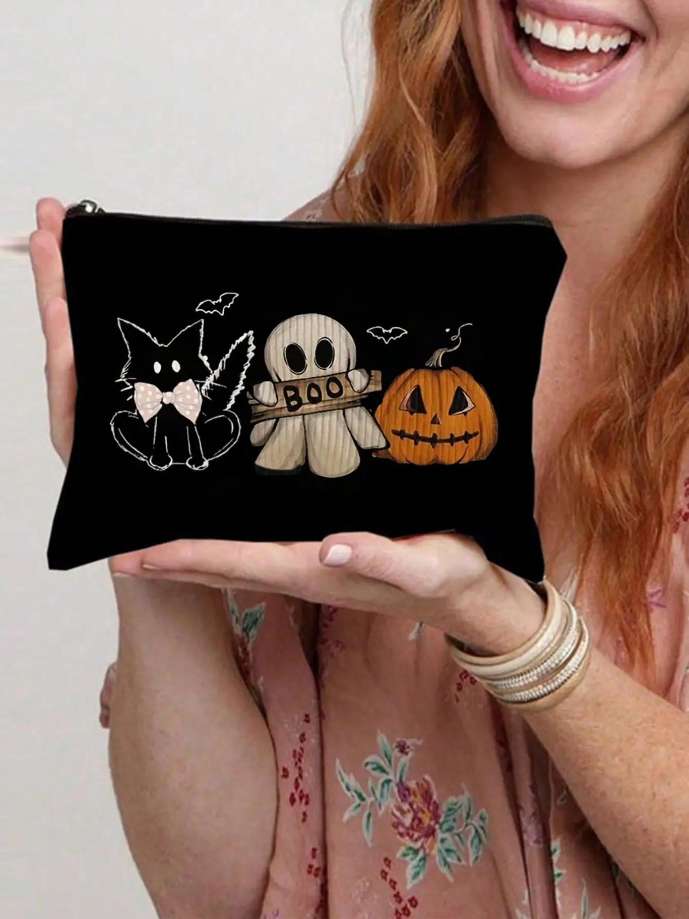 Halloween Cartoon Cat Pumpkin Lantern Ghost Pattern Zipper Pouch, Lightweight Makeup Bag, Essential for Travel, Dorm, Beach, Gifts