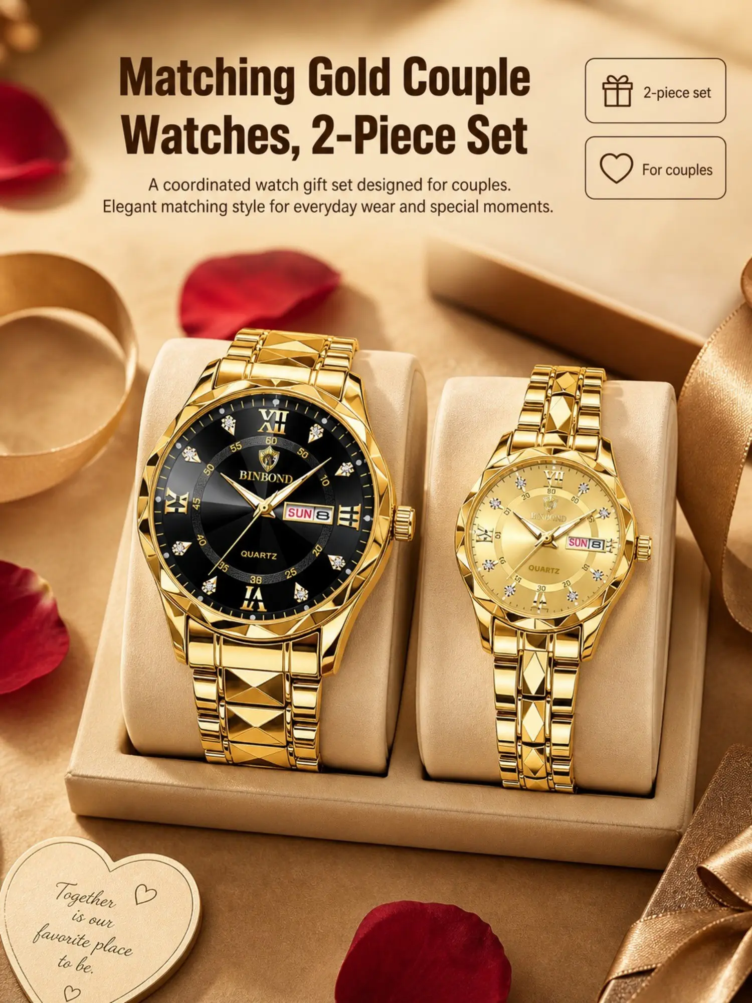 Couple Watches Set, Fashion Watches, Fashionable Waterproof Watch, Roman Numerals, Independent Date Display, Night Light, Quartz Analog Watch, Stainless Steel, Waterproof, Business Style, Gift Idea