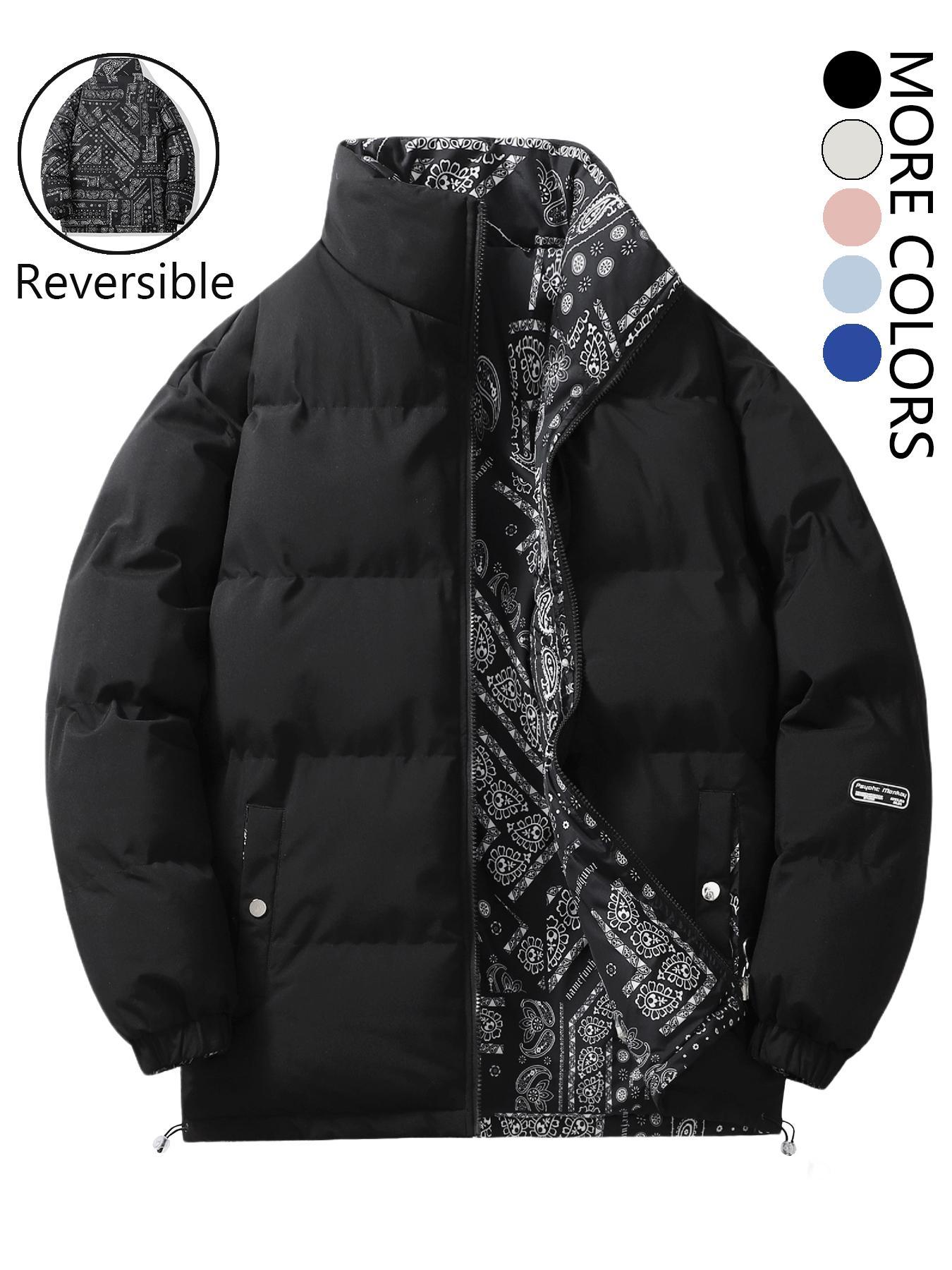 Men's Plain/Paisley Print Reversible Letter Patched Pocket Zipper Coat, Loose Casual Long Sleeve Stand Collar Drawstring Outerwear for Winter, Men's Clothes for Daily Wear